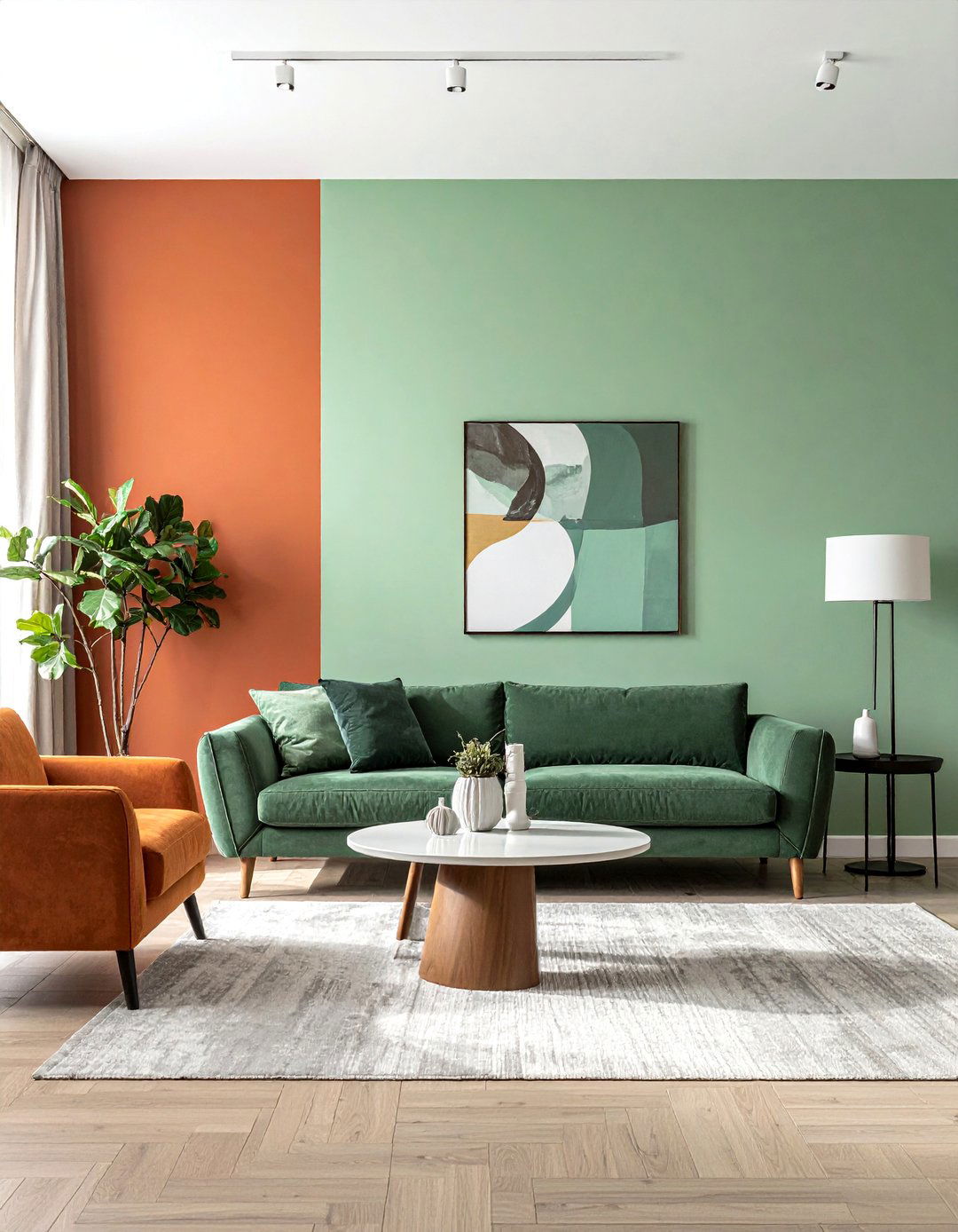 Split Wall Design with Terracotta and Green Paint - 20 Green and Terracotta Living Room Ideas for Warmth