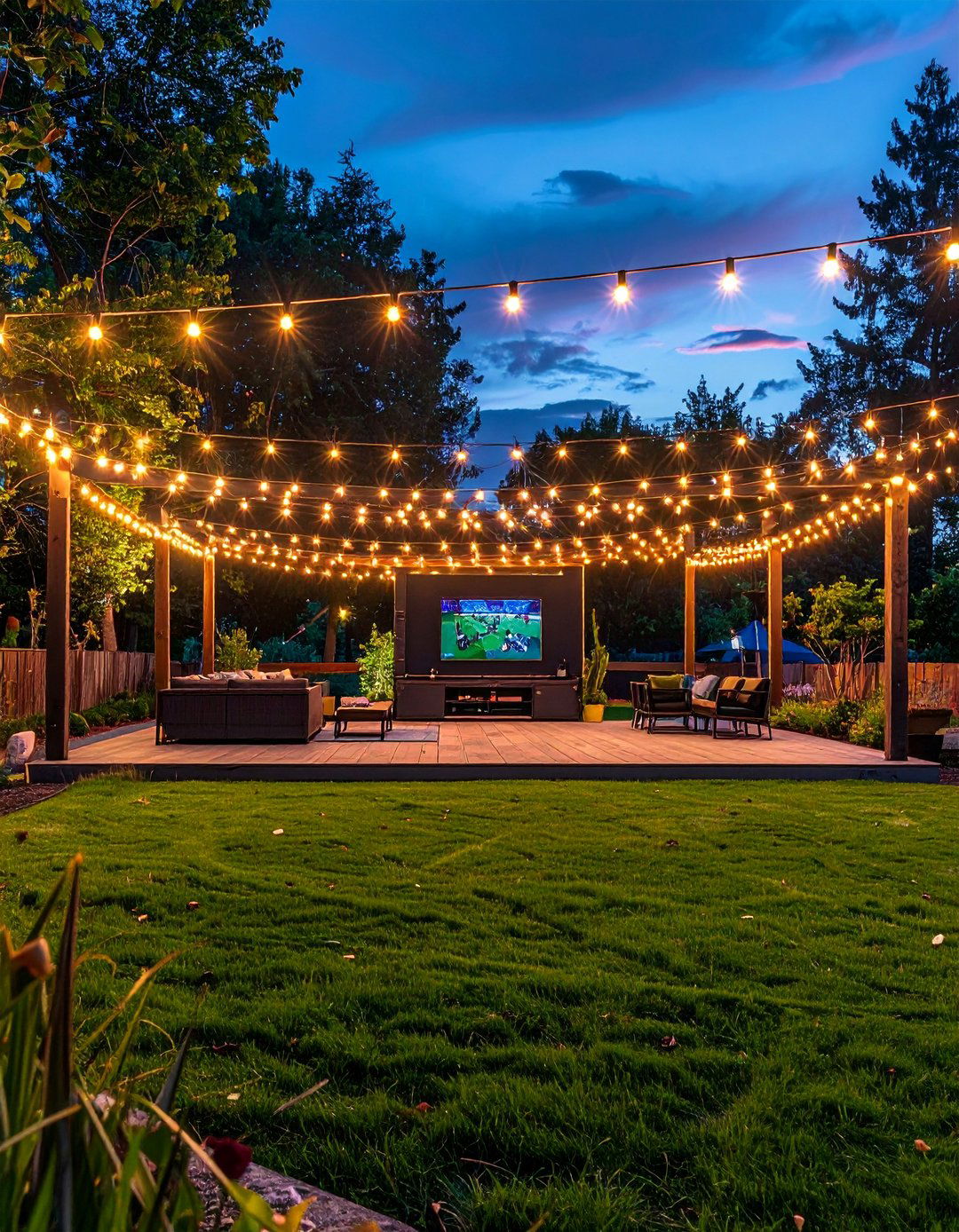 Sports Entertainment Zone - 40 Patio String Light Ideas to Illuminate Your Nights