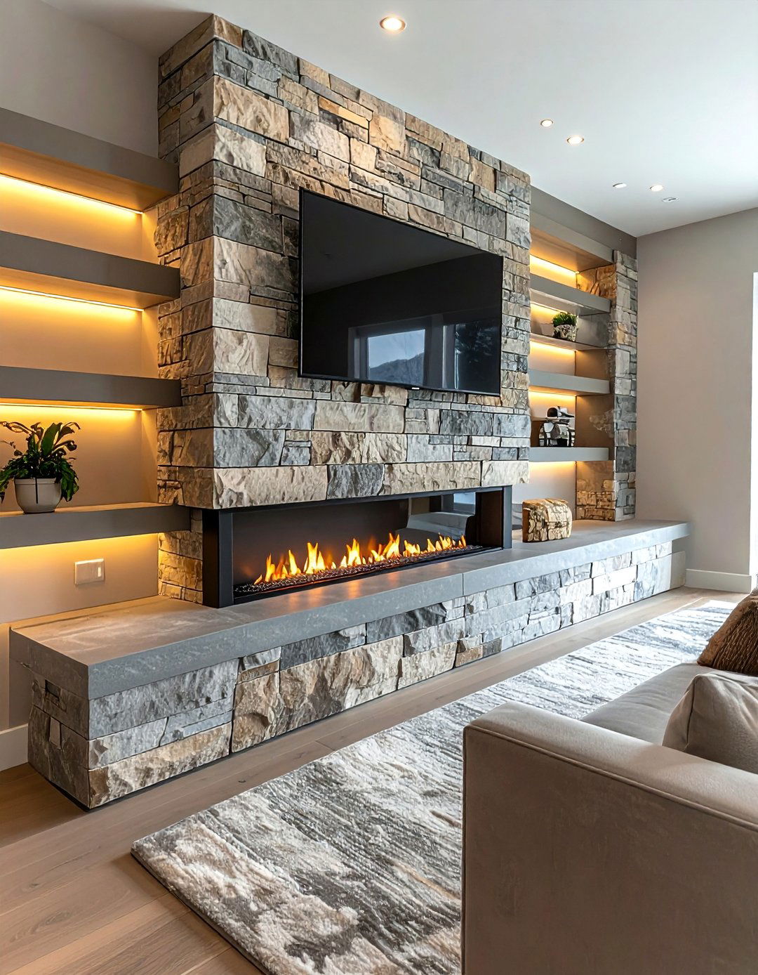 Stacked Stone Linear Fireplace Design