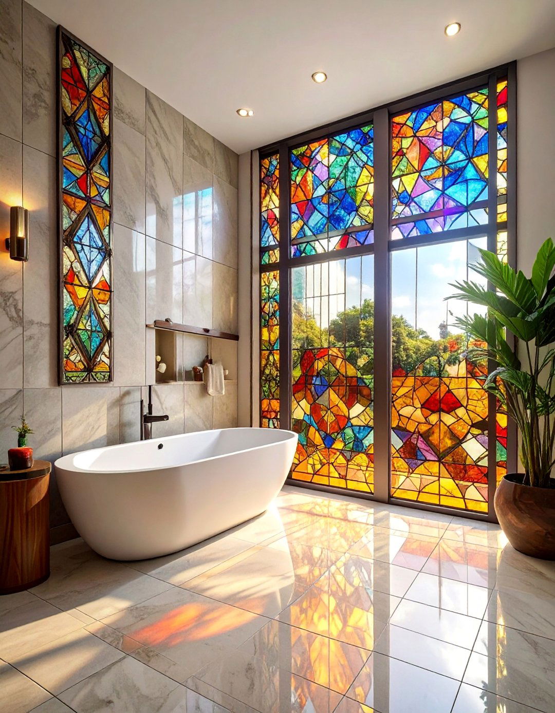 Stained Glass Artistry - 30 Bathroom Mural Ideas to Elevate Your Decor