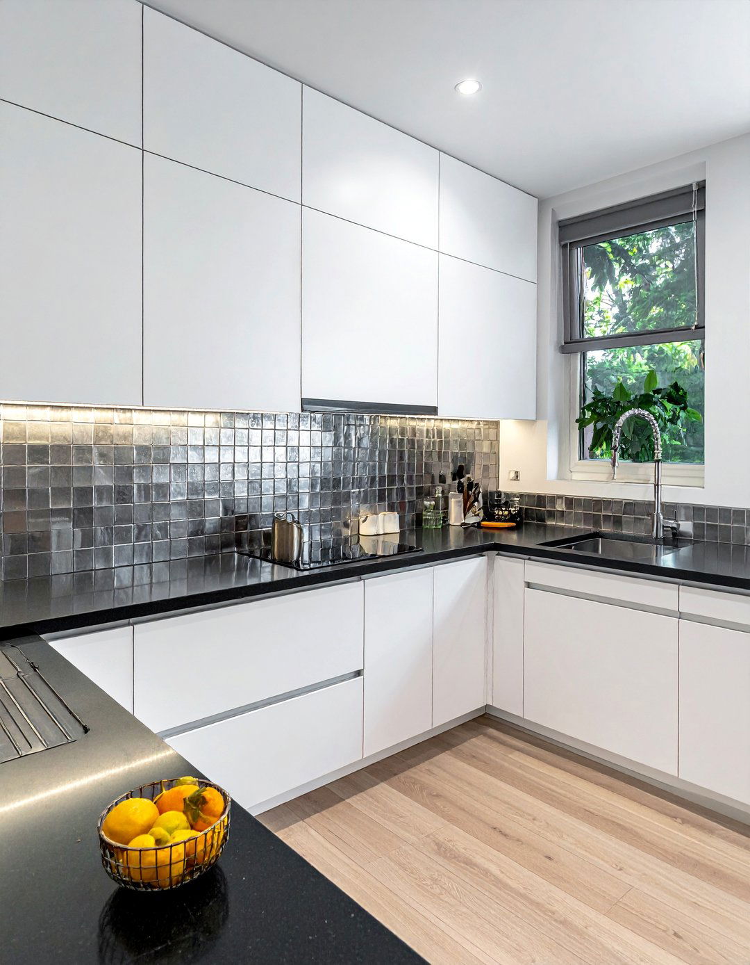 Stainless Steel Mosaic Tile Backsplash - 25 Backsplash Ideas for White Cabinets and Granite