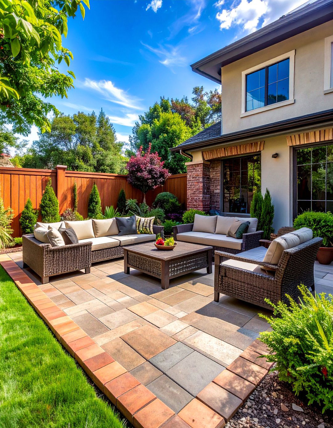 Stamped Concrete with a Brick Border - 20 Brick Landscaping Ideas for Timeless Outdoor Charm