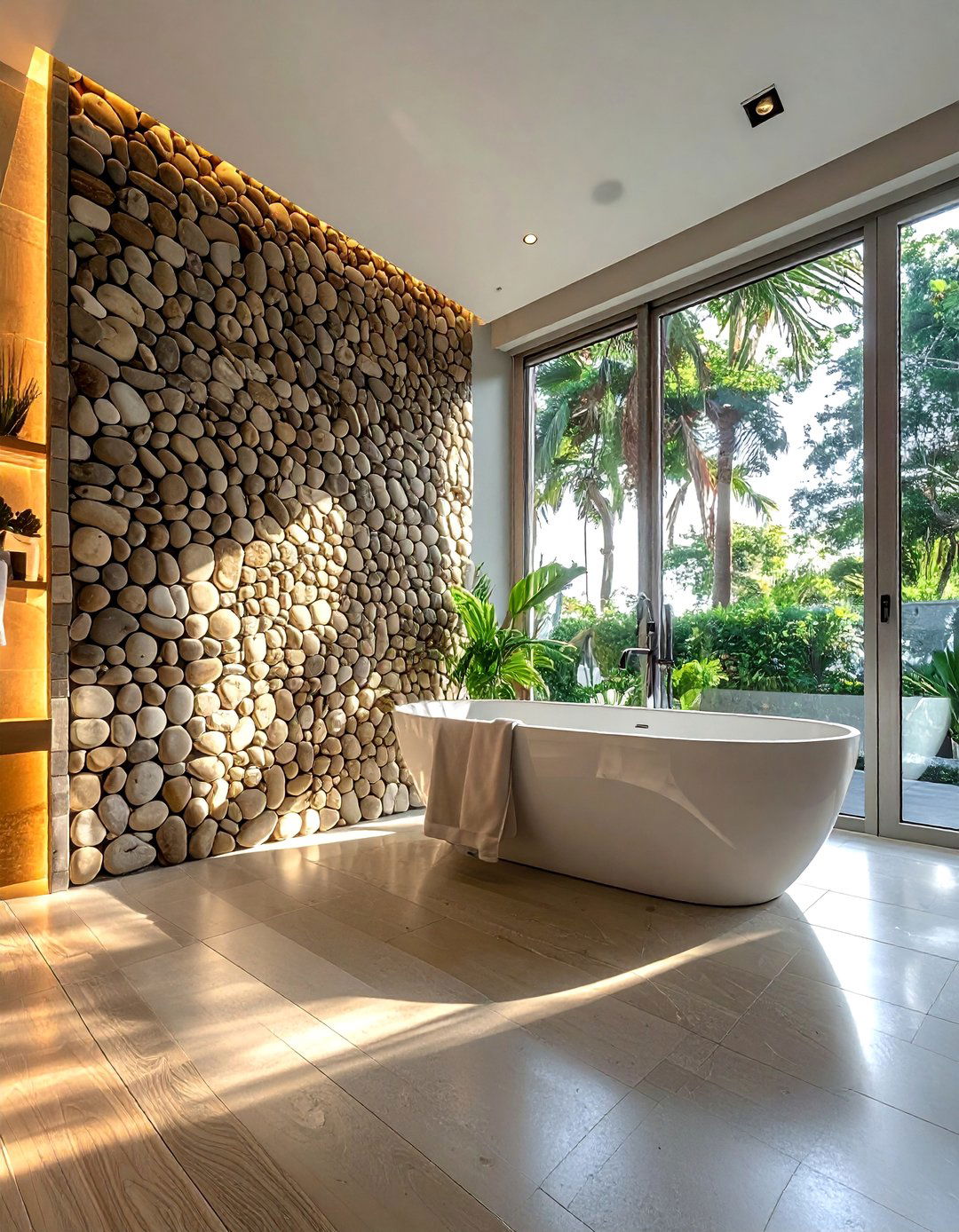 Standing Pebble Feature Wall - 20 Pebble Tile Bathroom Ideas for a Natural Look