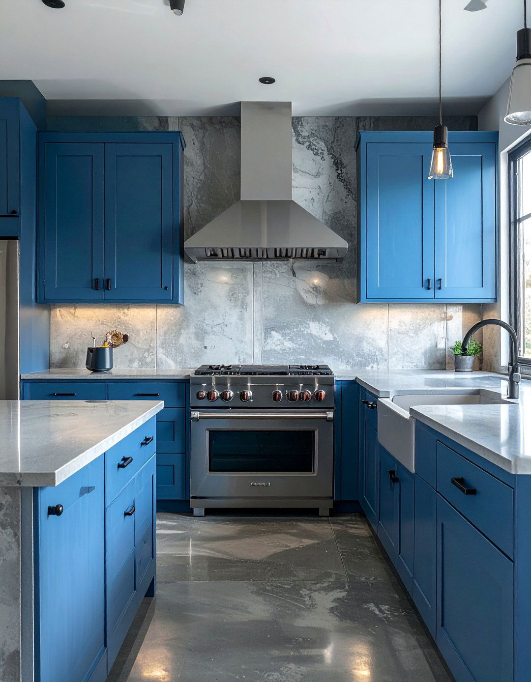 Steel Blue Cabinets with Concrete Countertops - 30 Blue Farmhouse Kitchen Cabinets for a Cozy Feel