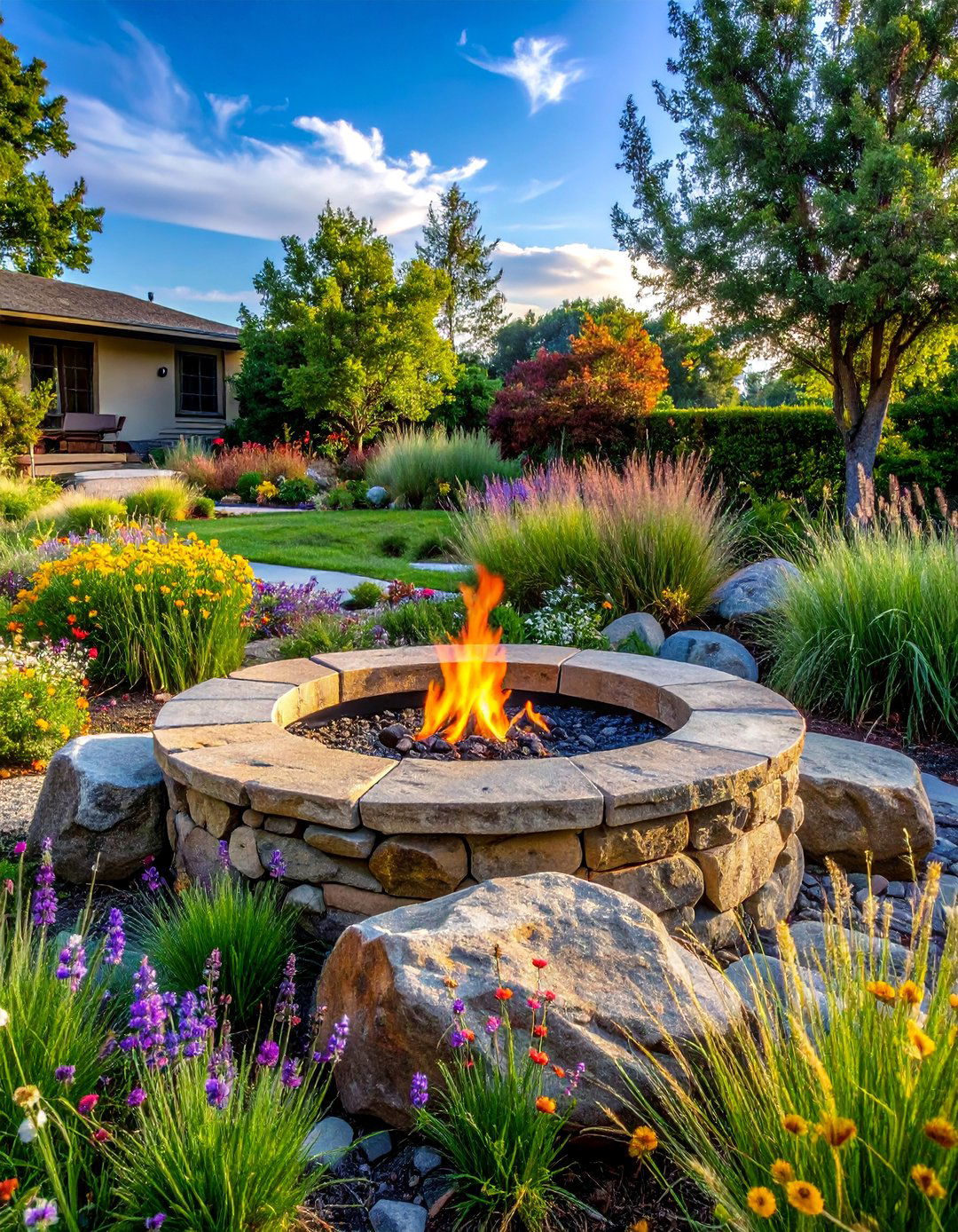 Stone Circle Fire Pit with Natural Seating - 20 Front Yard Fire Pit Ideas for Cozy Evenings