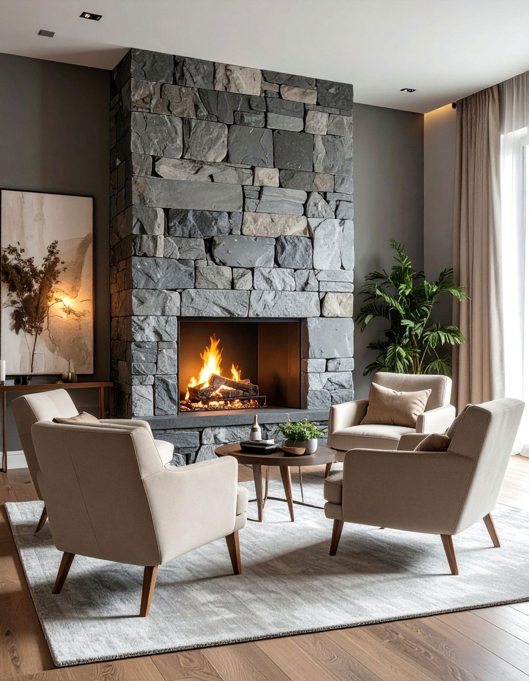 Stone Grey Fireplace in a Beige Setting - 30 Grey and Beige Living Room Ideas for Warmth