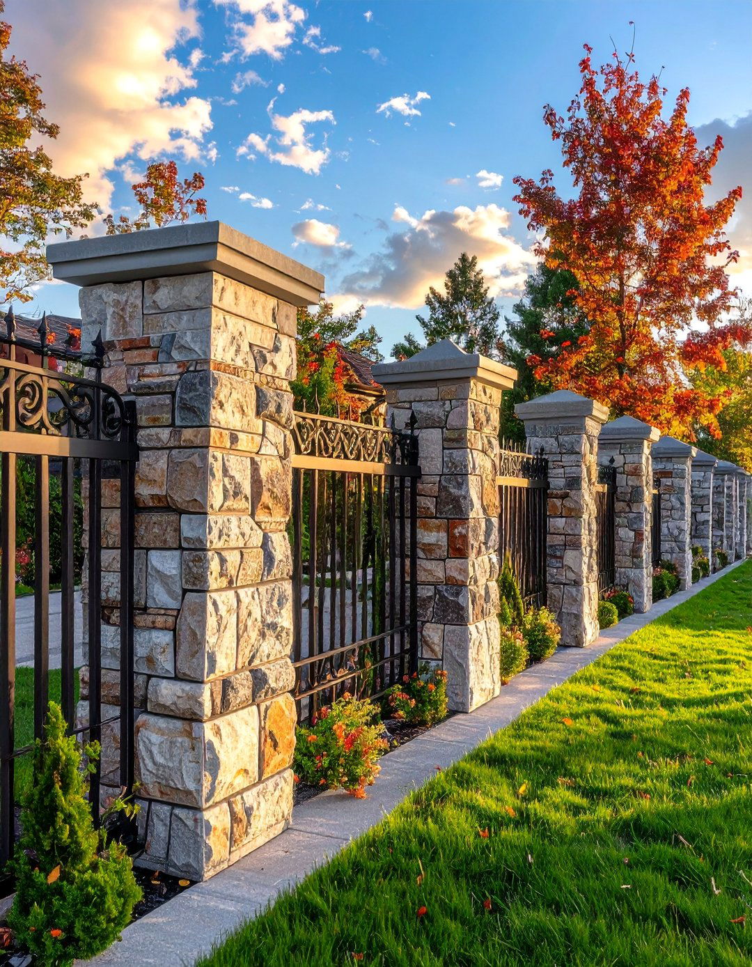 Stone Pillar with Iron Panel Fence - 25 Backyard Fence Ideas to Enhance Your Outdoor Space