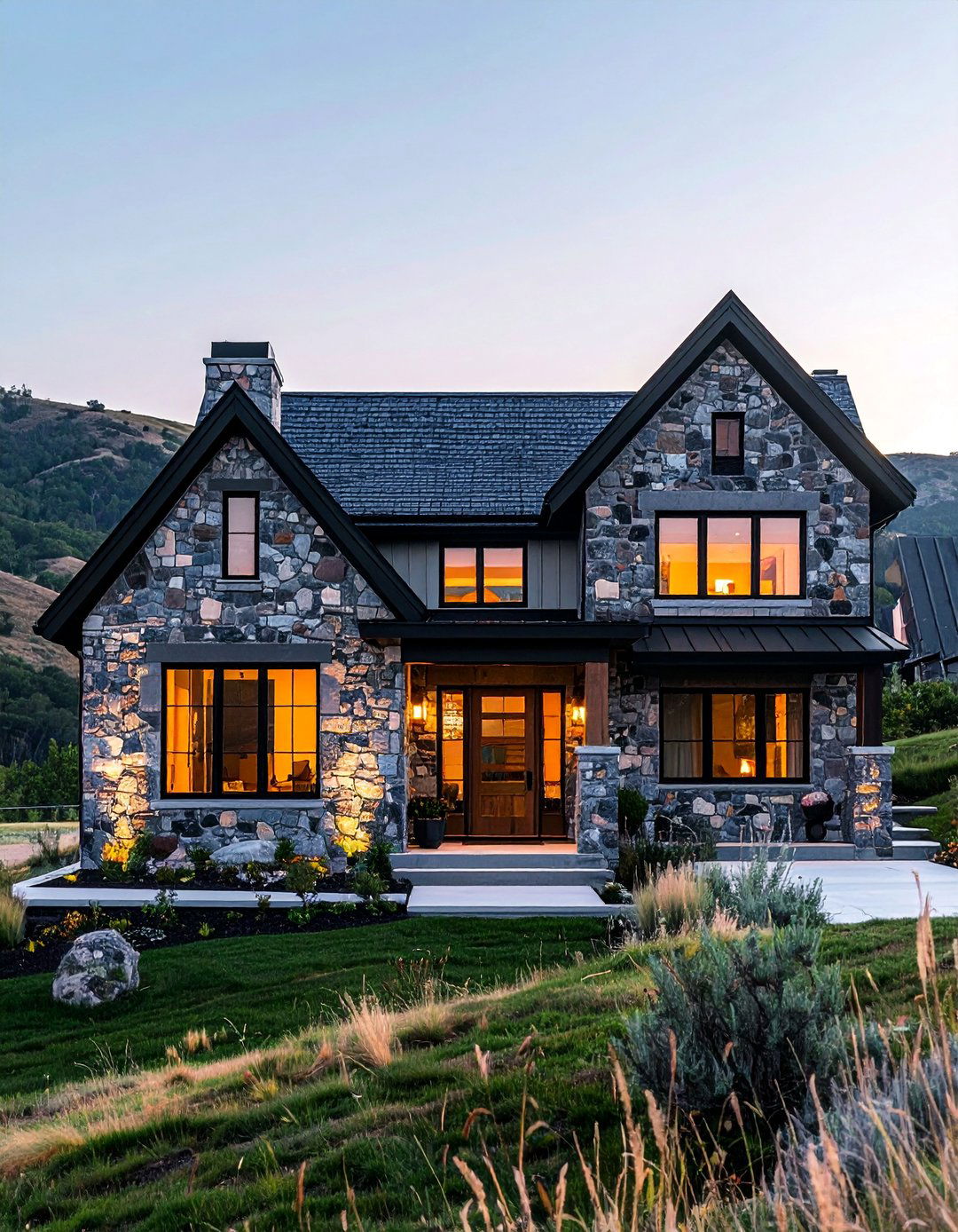 Stone Veneer House With Black Windows - 30 Houses With Black Windows for Bold Style