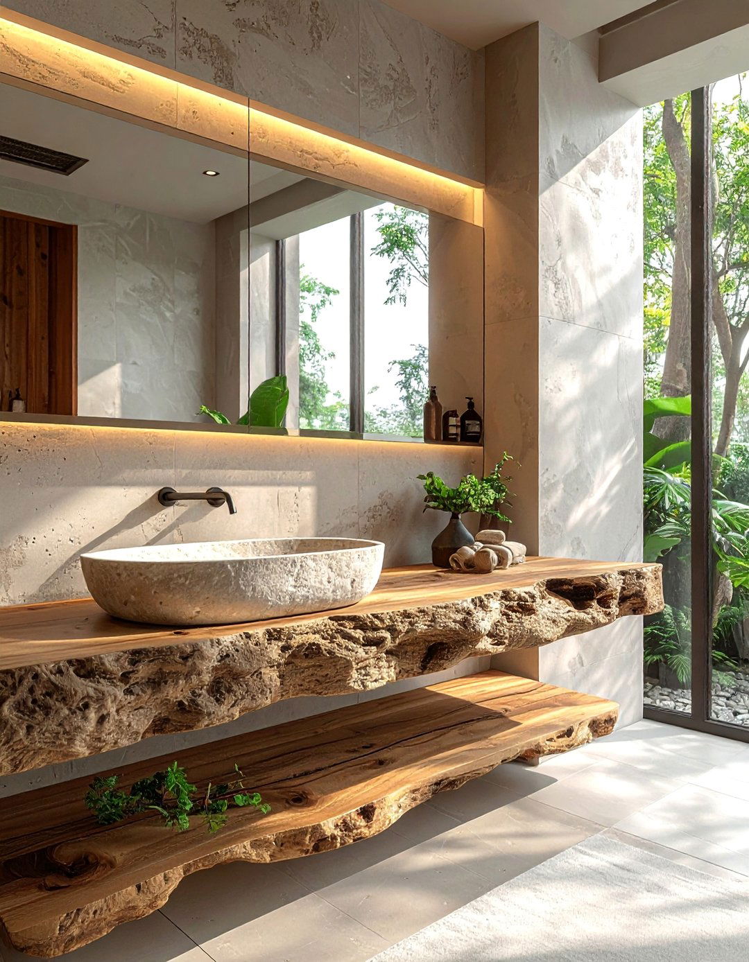 Stone Vessel Sink on a Floating Shelf Vanity - 40 Bathroom Vanity Ideas to Elevate Your Space