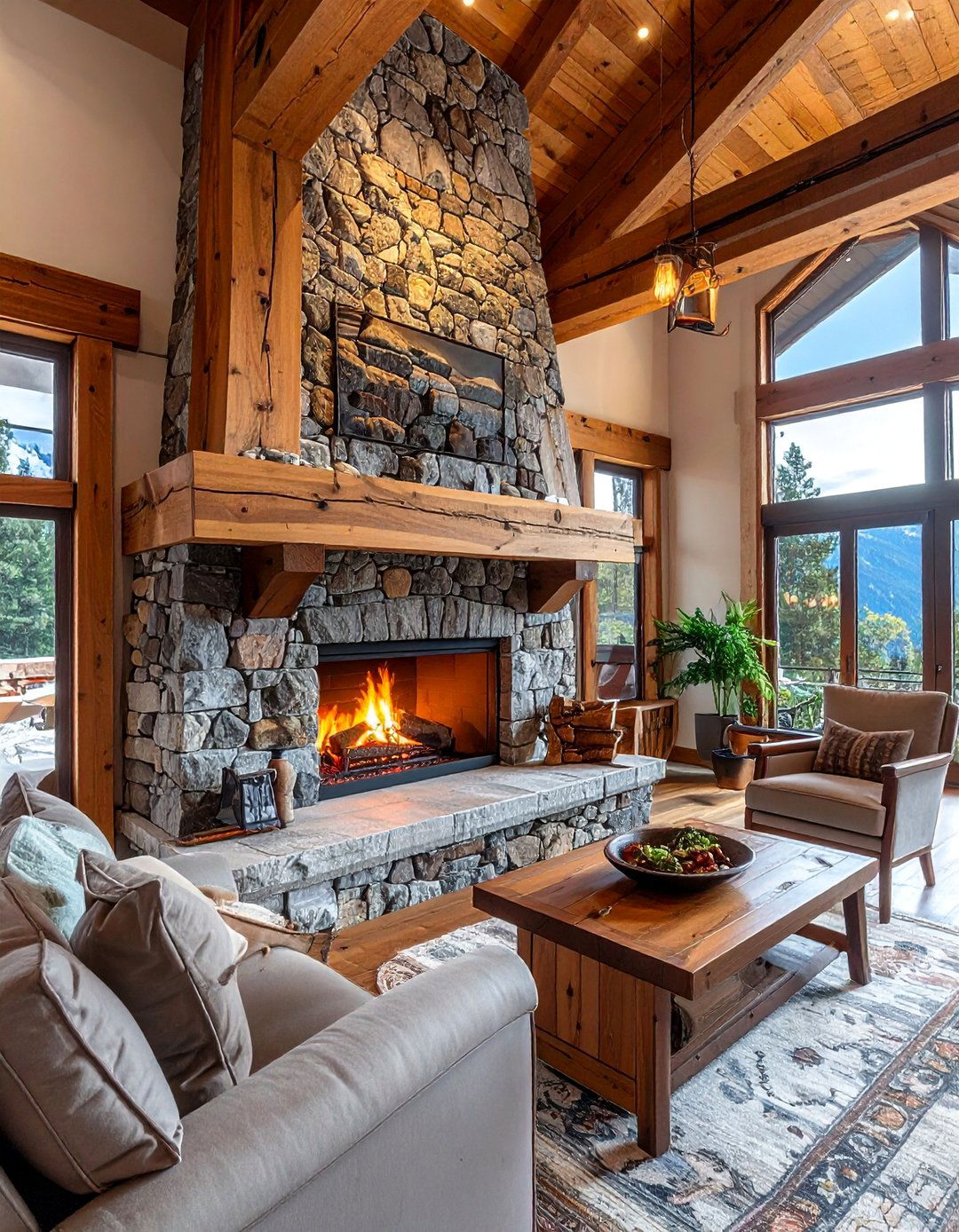 Stone and Wood Combination Fireplace - 30 Craftsman-style Fireplace Ideas for a Cozy Home