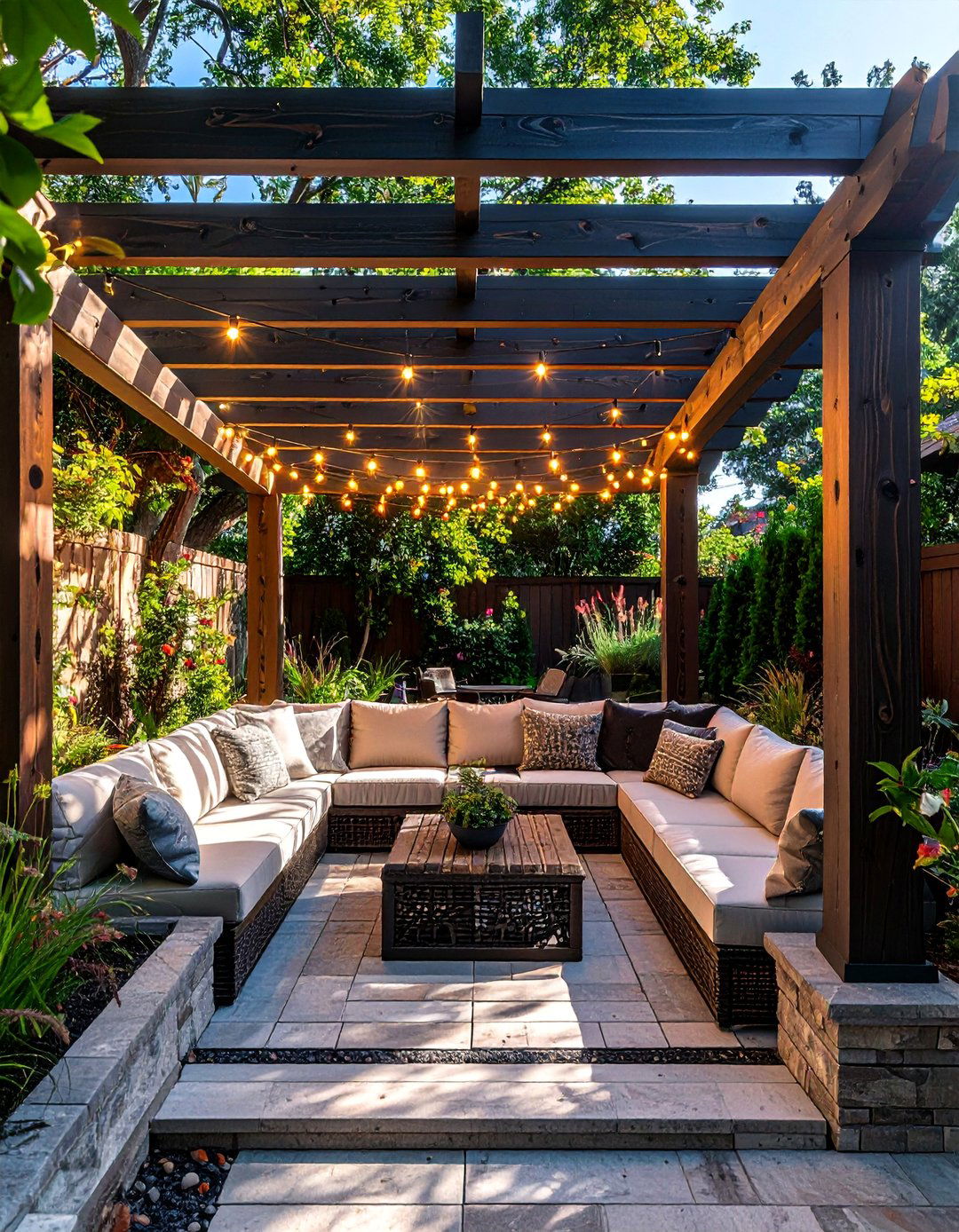 Sunken Patio Beneath a Pergola - 20 Sunken Patio Ideas for a Unique and Cozy Outdoor Retreat