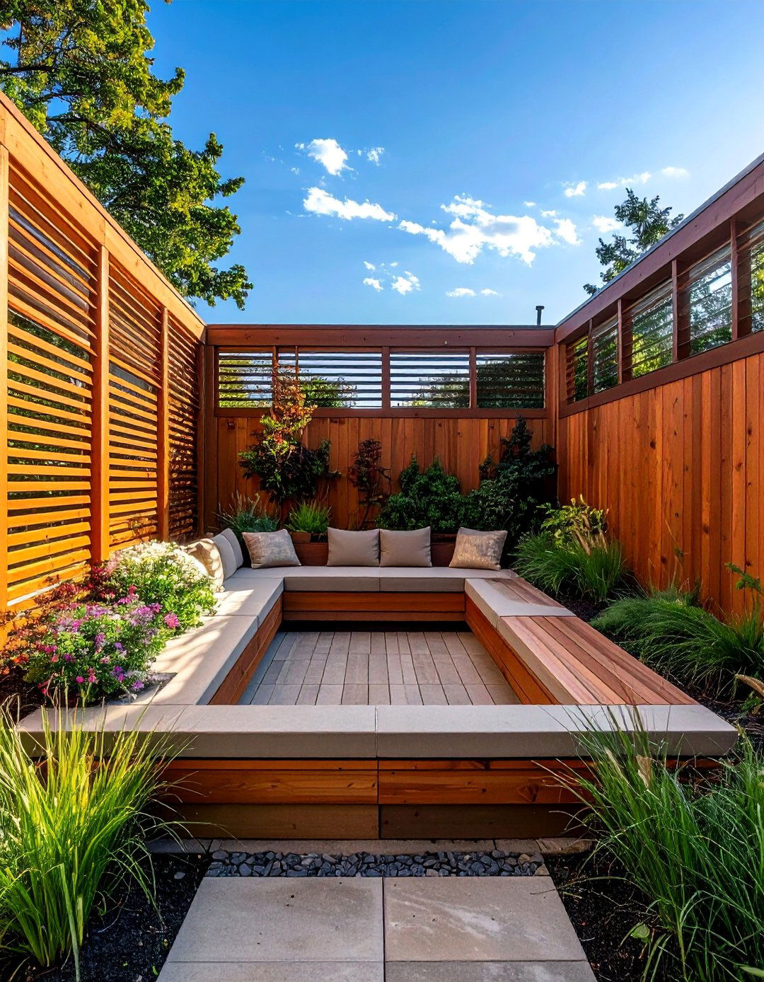 Sunken Patio with Privacy Screens - 20 Sunken Patio Ideas for a Unique and Cozy Outdoor Retreat