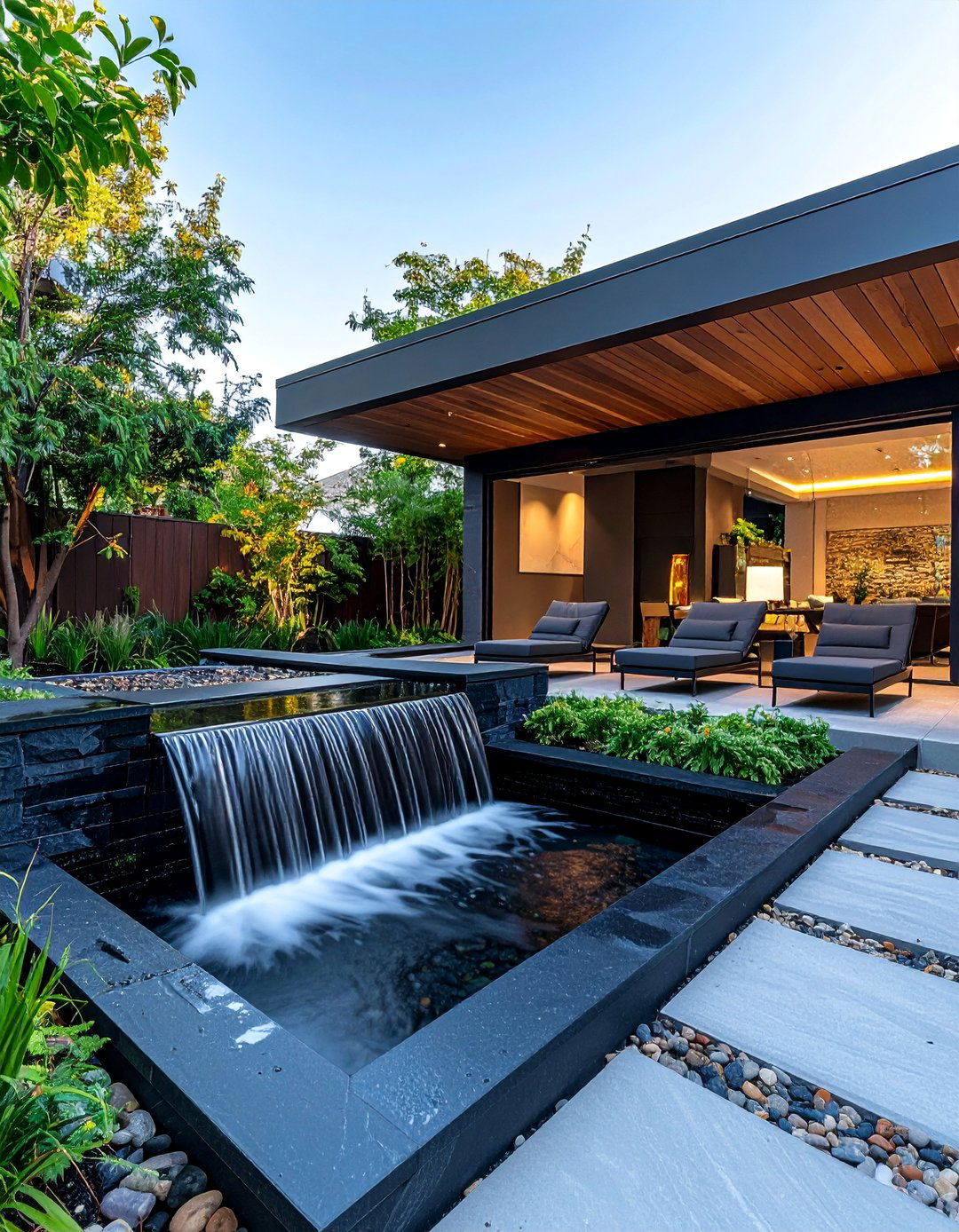 Sunken Patio with an Integrated Water Feature - 20 Sunken Patio Ideas for a Unique and Cozy Outdoor Retreat