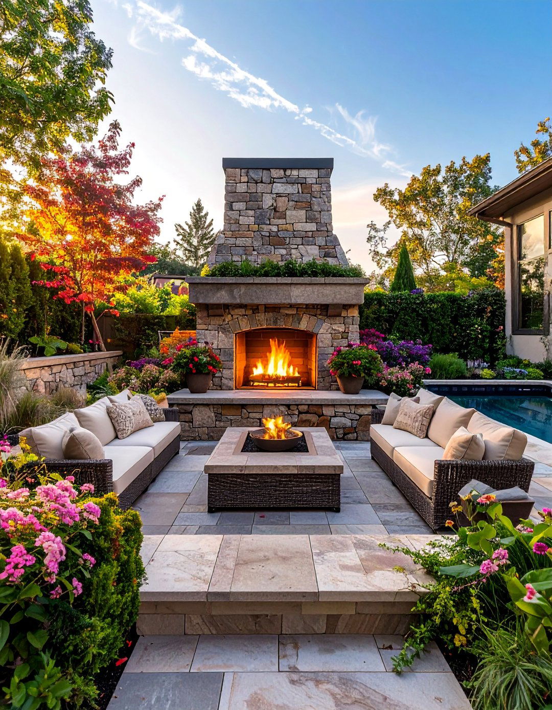Sunken Patio with an Outdoor Fireplace - 20 Sunken Patio Ideas for a Unique and Cozy Outdoor Retreat
