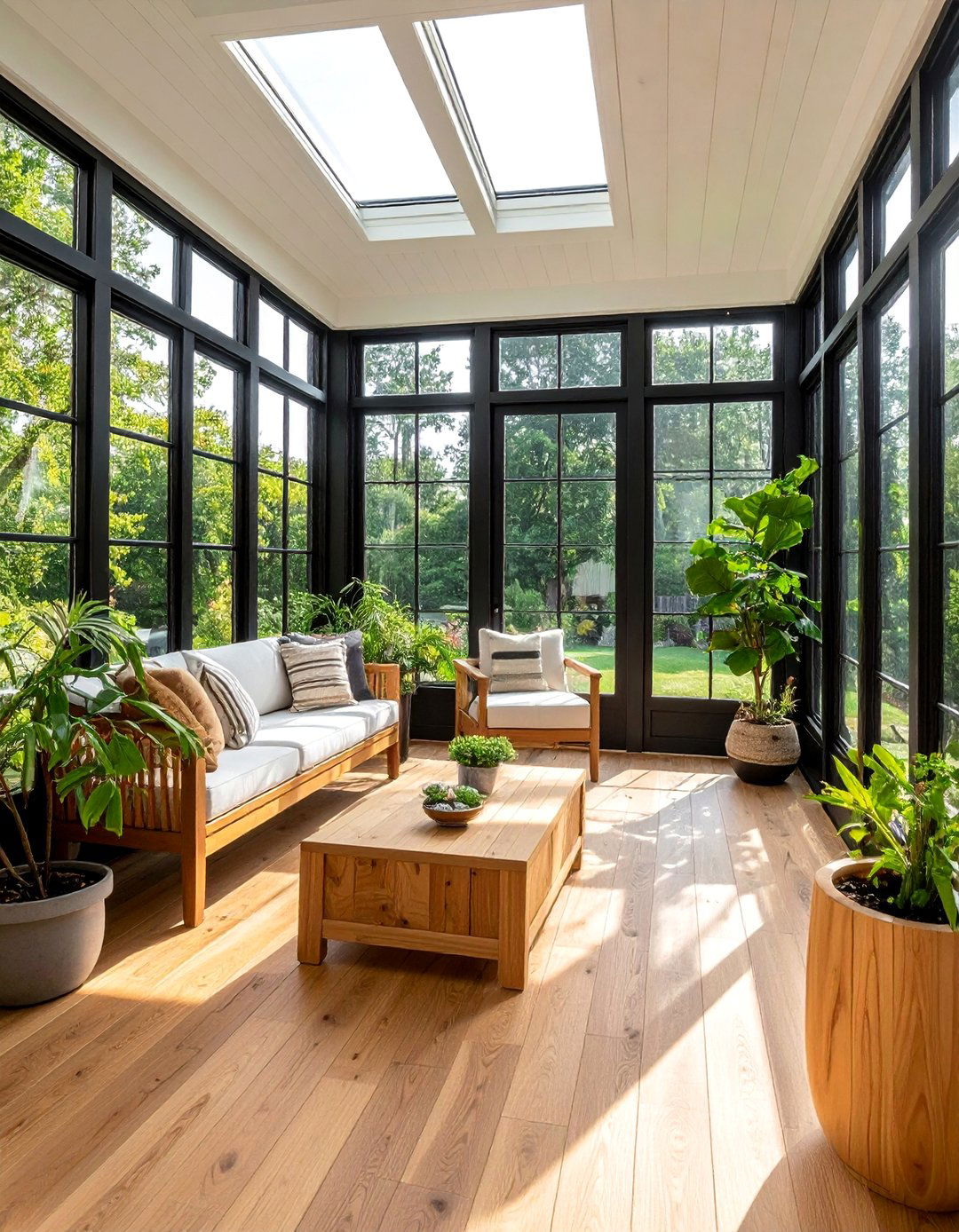 Sunroom Featuring Black and Natural Wood - 20 Black Sunroom Ideas for a Stylish Retreat
