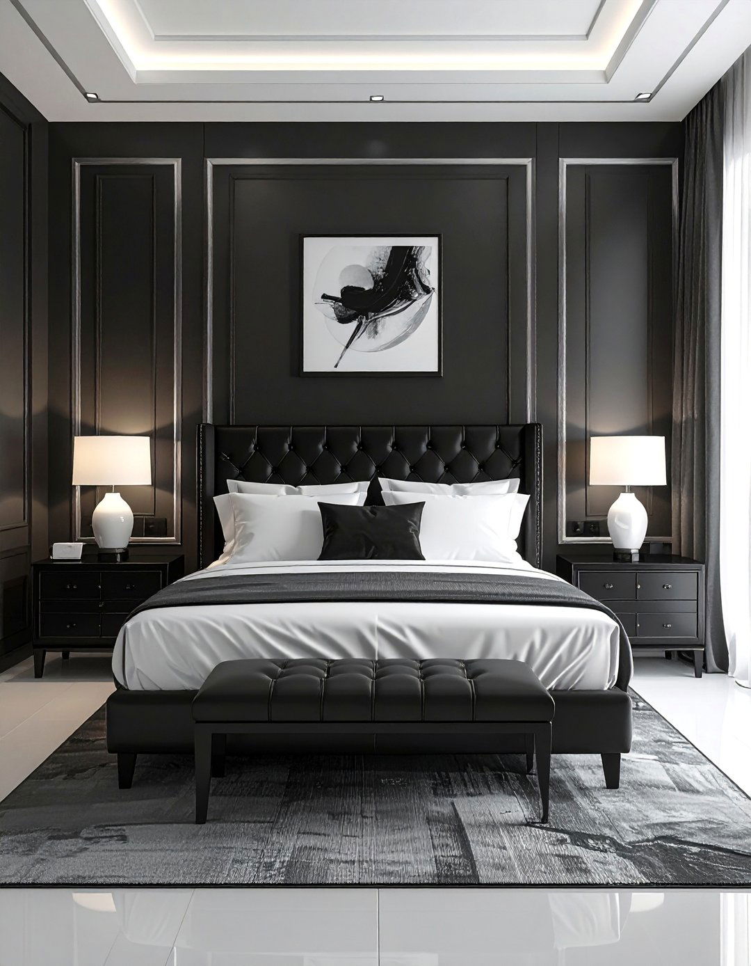 Symmetrical Layout for Formal Elegance - 40 Black and White Bedroom Ideas for Elegance