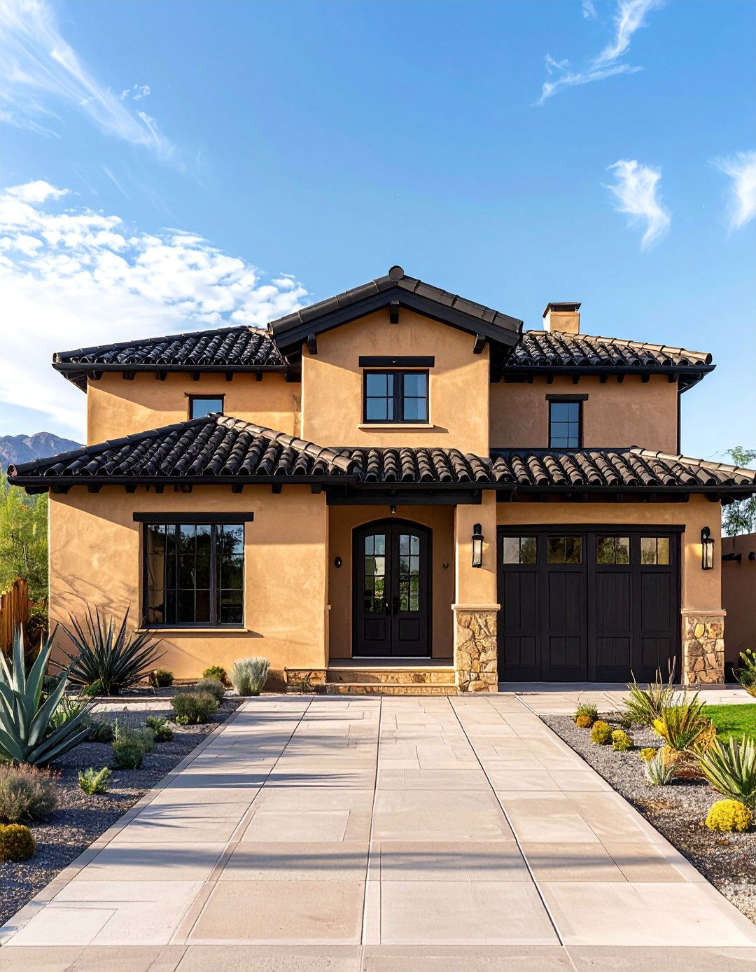 Tan Beige Stucco with a Black Tile Roof - 30 Beige and Black House Exterior Ideas for Curb Appeal