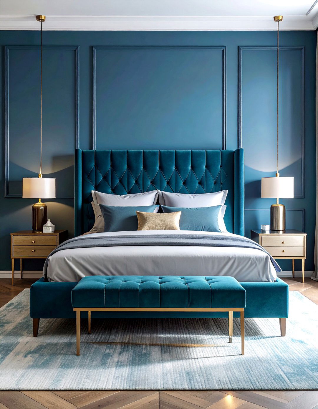 Teal Blue Velvet Headboard - 40 Blue Bedroom Ideas for a Serene and Relaxing Atmosphere