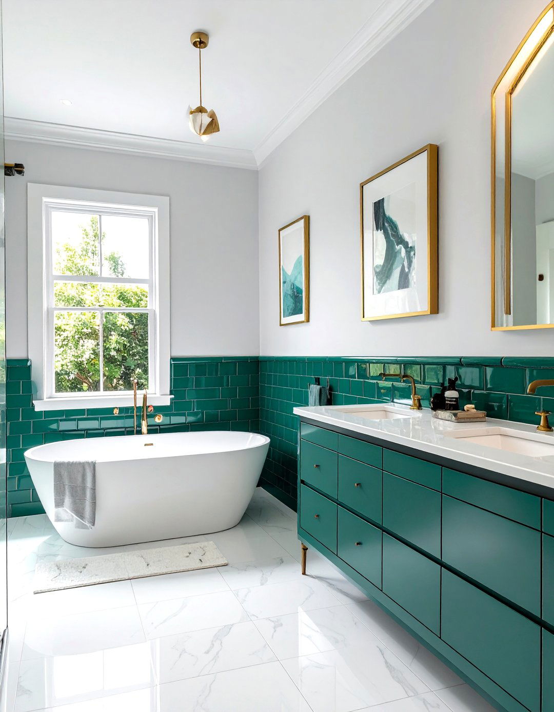 Teal Green Glossy Tile Bathroom Wainscoting - 25 Green Tile Bathroom Ideas for a Fresh Look