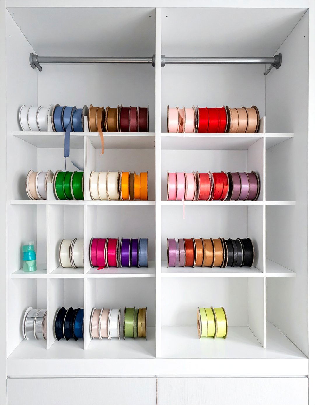 Tension Rod Cabinet Storage - 15 Ribbon Storage Ideas to Keep Your Craft Room Organized