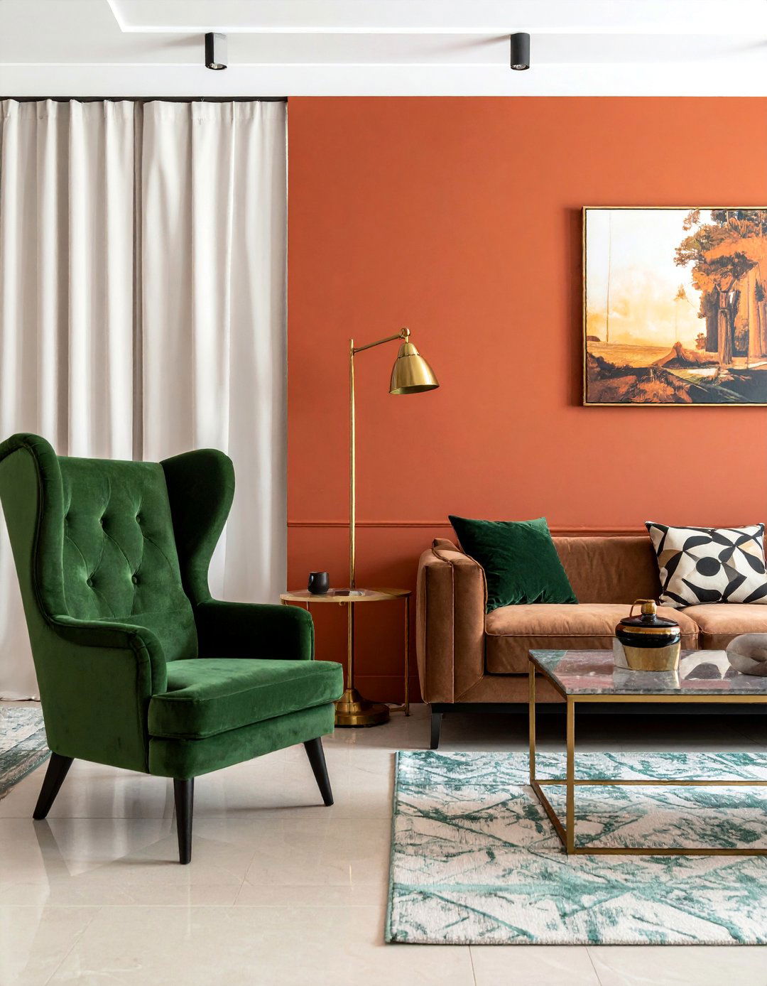 Terracotta Accent Wall with Olive Green Furnishings - 20 Green and Terracotta Living Room Ideas for Warmth