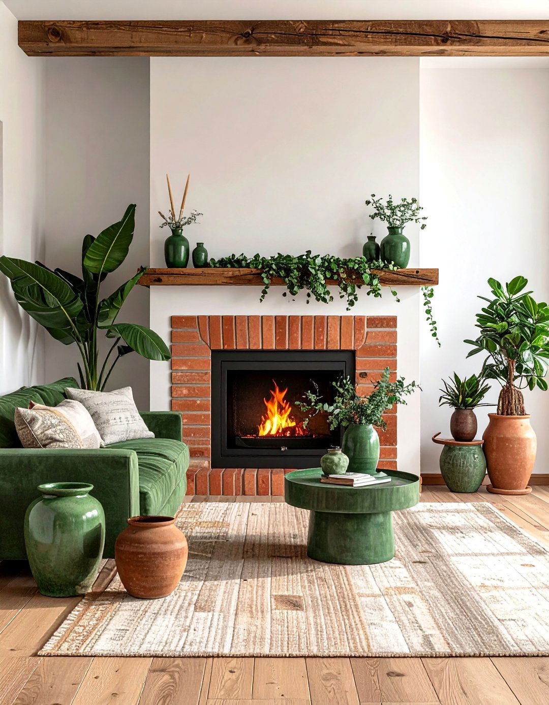 Terracotta Fireplace with Green Mantel Decor - 20 Green and Terracotta Living Room Ideas for Warmth