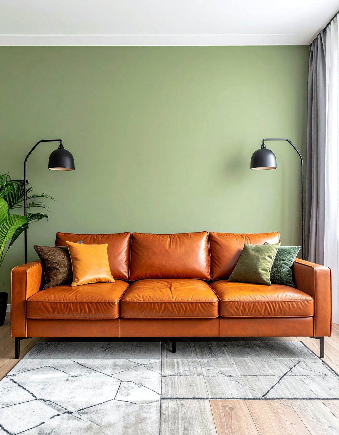 Terracotta Leather Sectional with Green Walls - 20 Green and Terracotta Living Room Ideas for Warmth