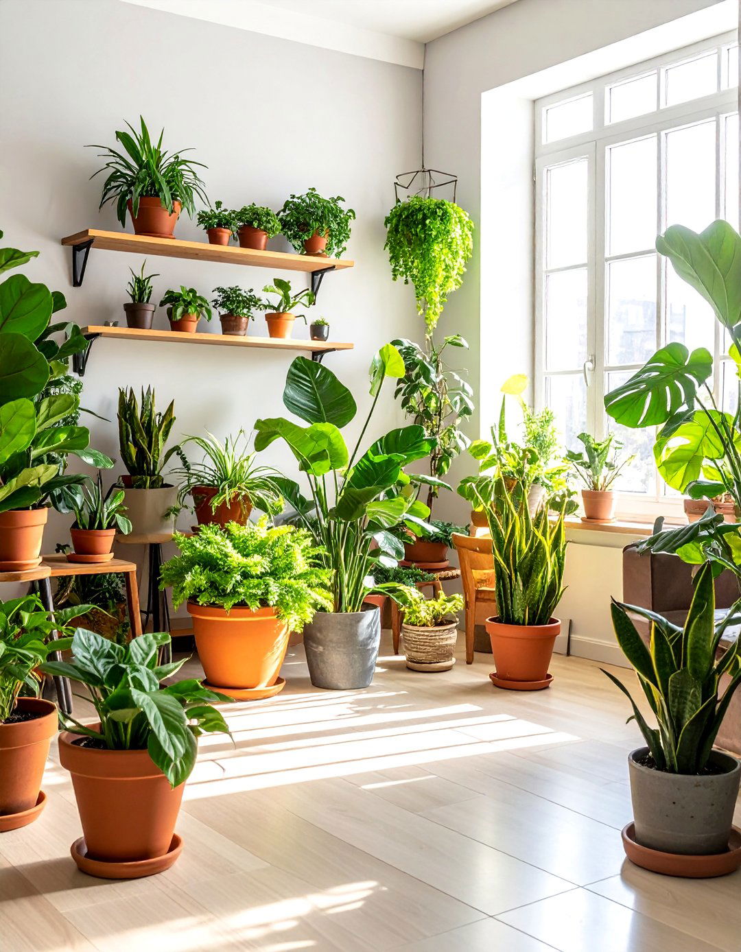 Terracotta Pottery and Abundant Green Plants - 20 Green and Terracotta Living Room Ideas for Warmth