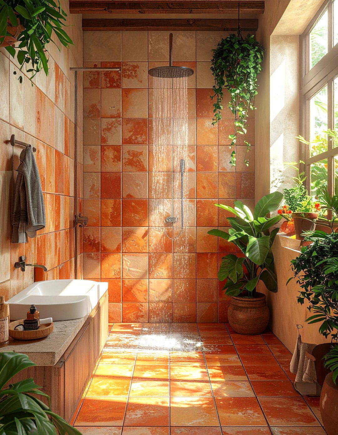 Terracotta Tile Walk in Shower for a Mediterranean Vibe - 30 Walk-in Shower Tile Ideas for a Luxurious Bathroom