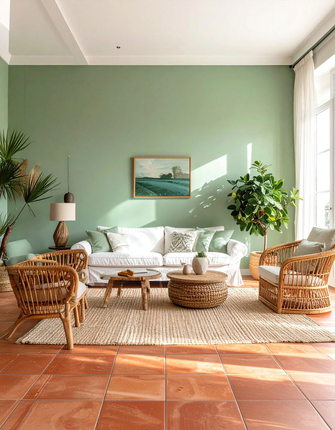 Terracotta Tiled Flooring with Green Walls - 20 Green and Terracotta Living Room Ideas for Warmth