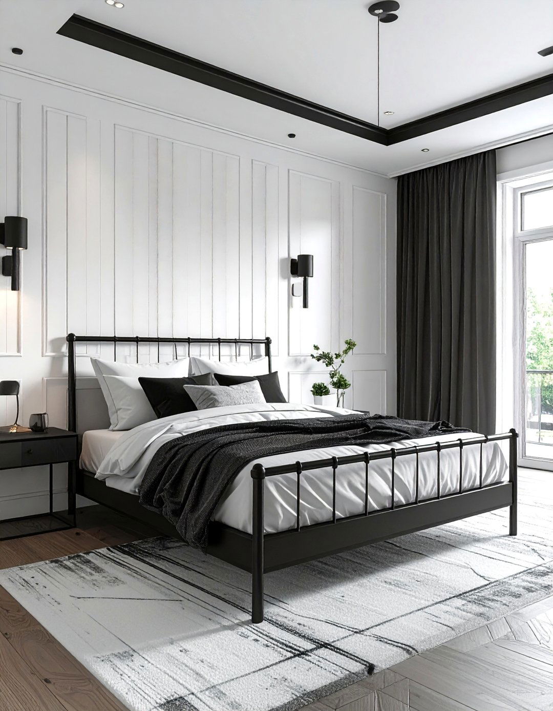 Textured White Walls with Black Accents - 40 Black and White Bedroom Ideas for Elegance