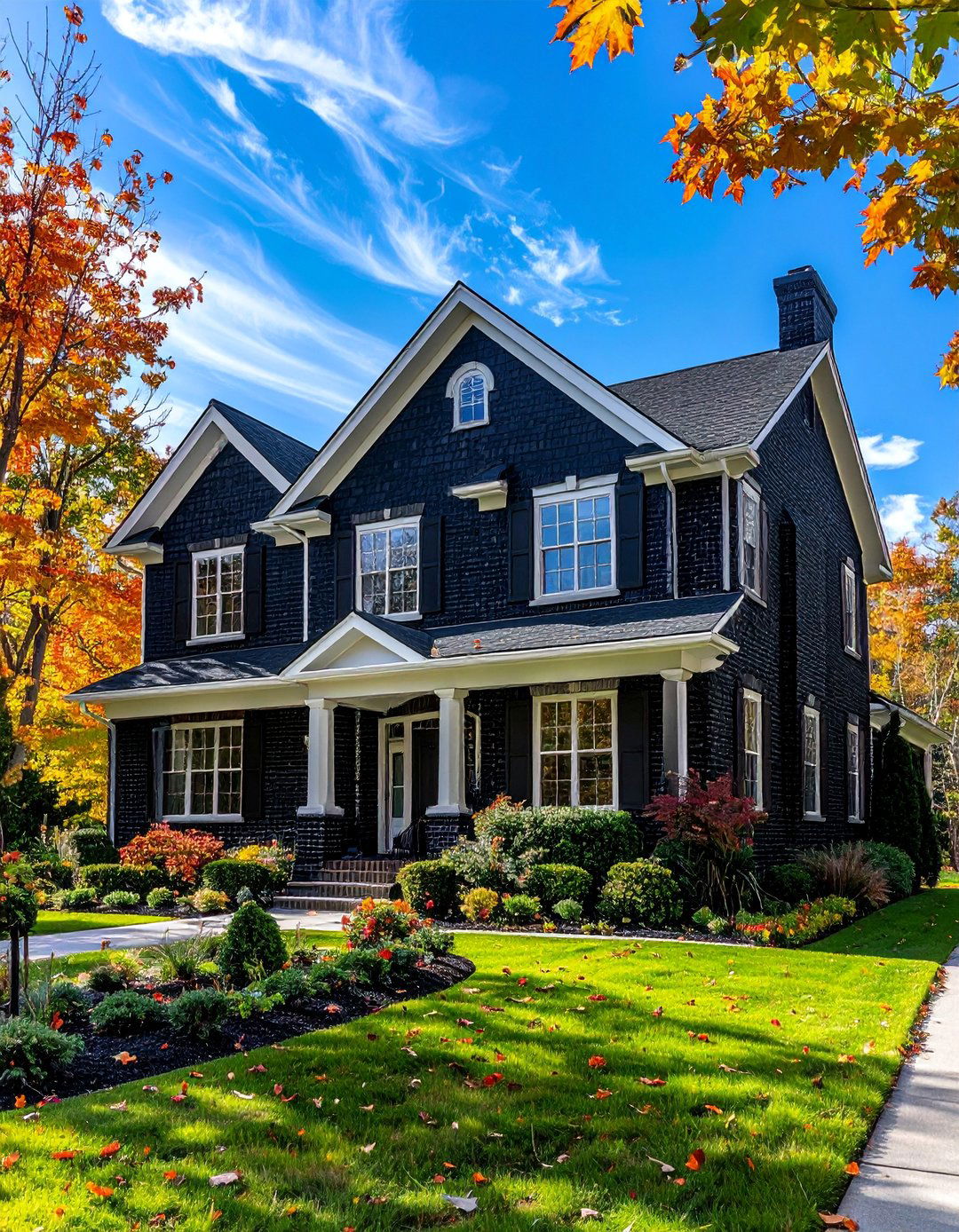 Traditional Black Brick House with White Trim - 40 Black Brick House Exteriors for a Timeless and Elegant Look