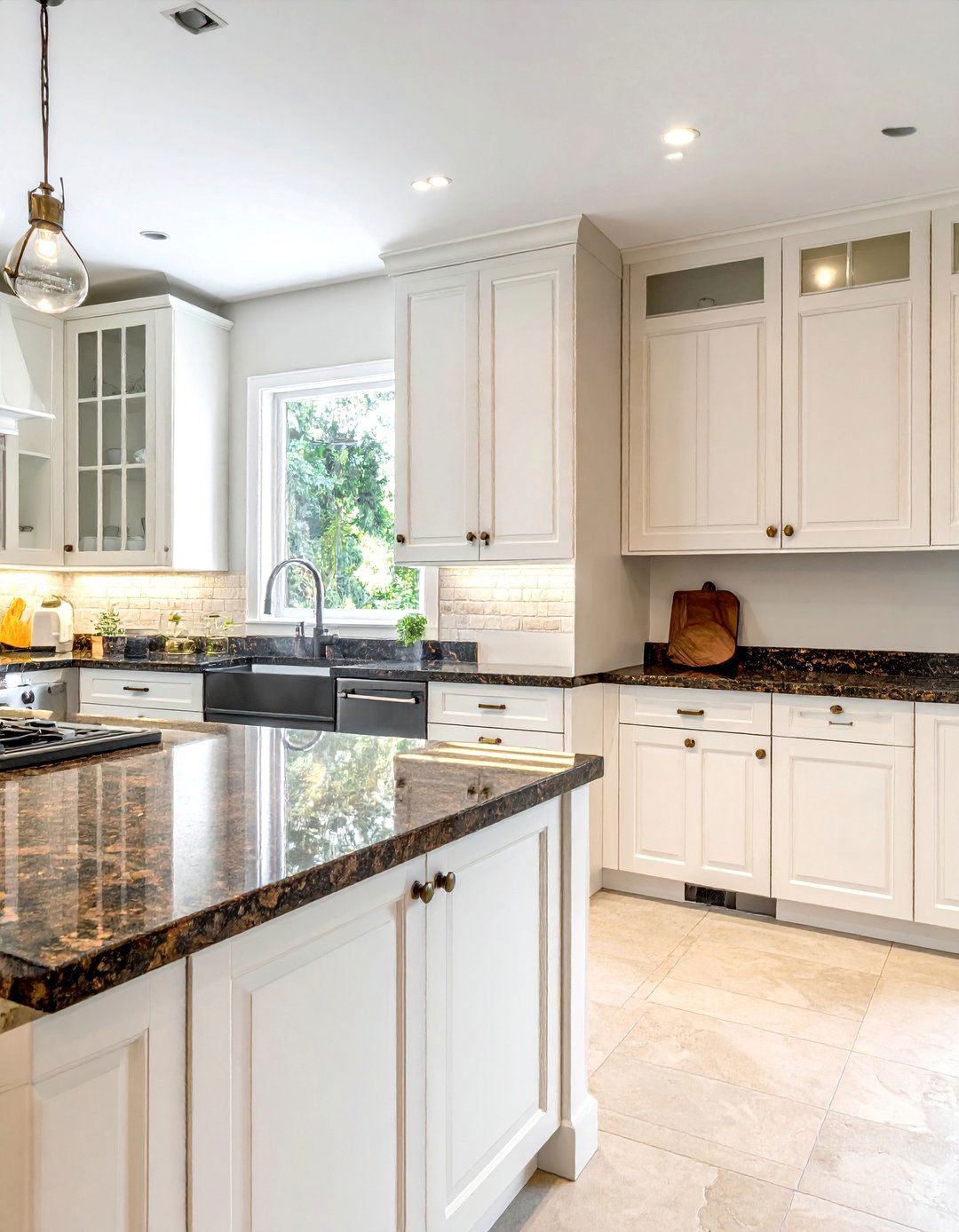 Traditional Kitchen with Dark Granite and Antique White Cabinets - 20 Kitchen With Dark Countertops and Light Cabinets