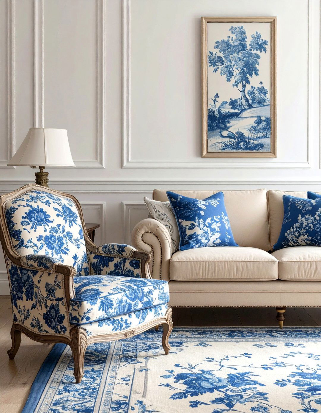 Traditional Living Room with Toile Fabric - 20 Blue and Beige Living Room Ideas for a Calm Space