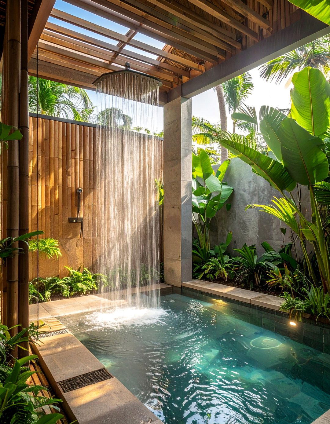 Tropical Outdoor Shower Pool Bathroom - 20 Pool Bathroom Ideas for a Luxurious Spa Feel