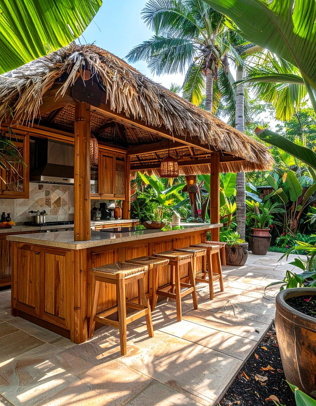 Tropical Themed Lanai Kitchen with Bamboo Accents - 20 Lanai Kitchen Ideas for Outdoor Cooking