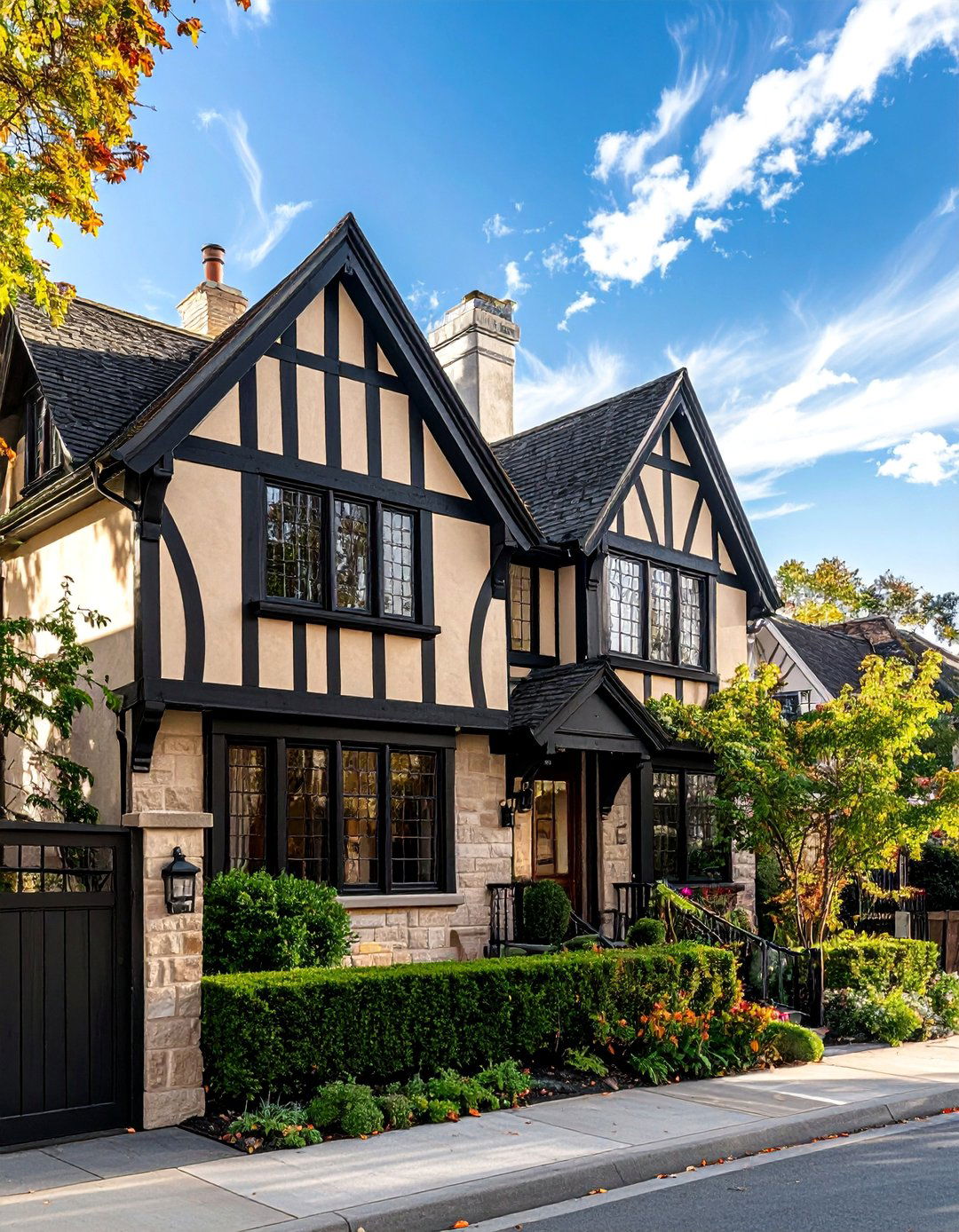 Tudor Style Home with Beige Stucco and Black Timbering - 30 Beige and Black House Exterior Ideas for Curb Appeal