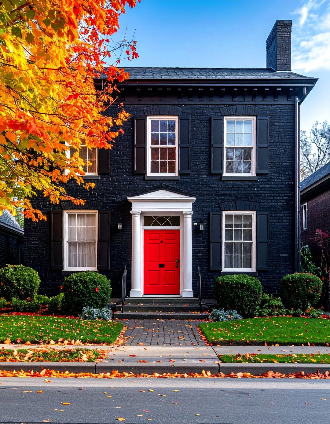 Two Story Black Brick Colonial House - 40 Black Brick House Exteriors for a Timeless and Elegant Look