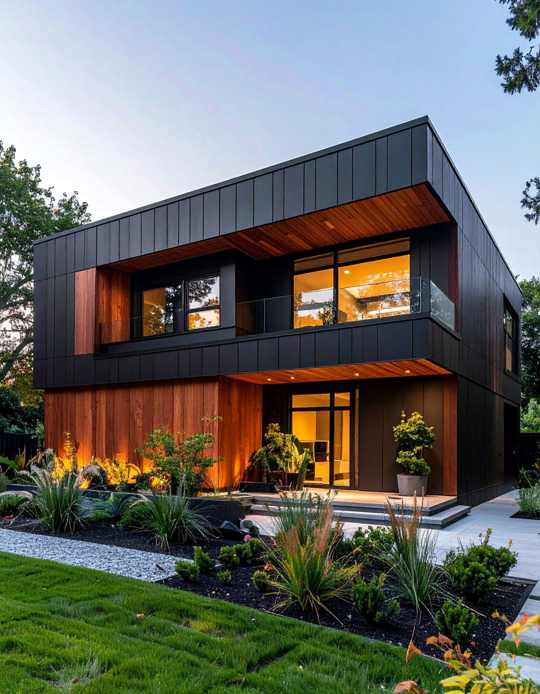 Two Story Home with Black Upper and Wood Lower Level - 20 Black House With Wood Accents Ideas for a Bold Style