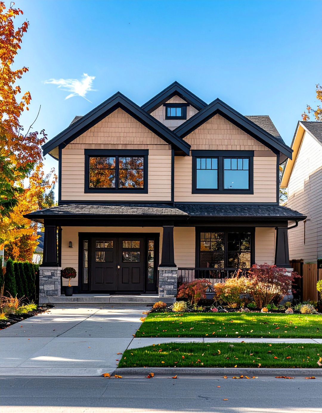 Two Tone Beige Siding with Black Trim Accents - 30 Beige and Black House Exterior Ideas for Curb Appeal