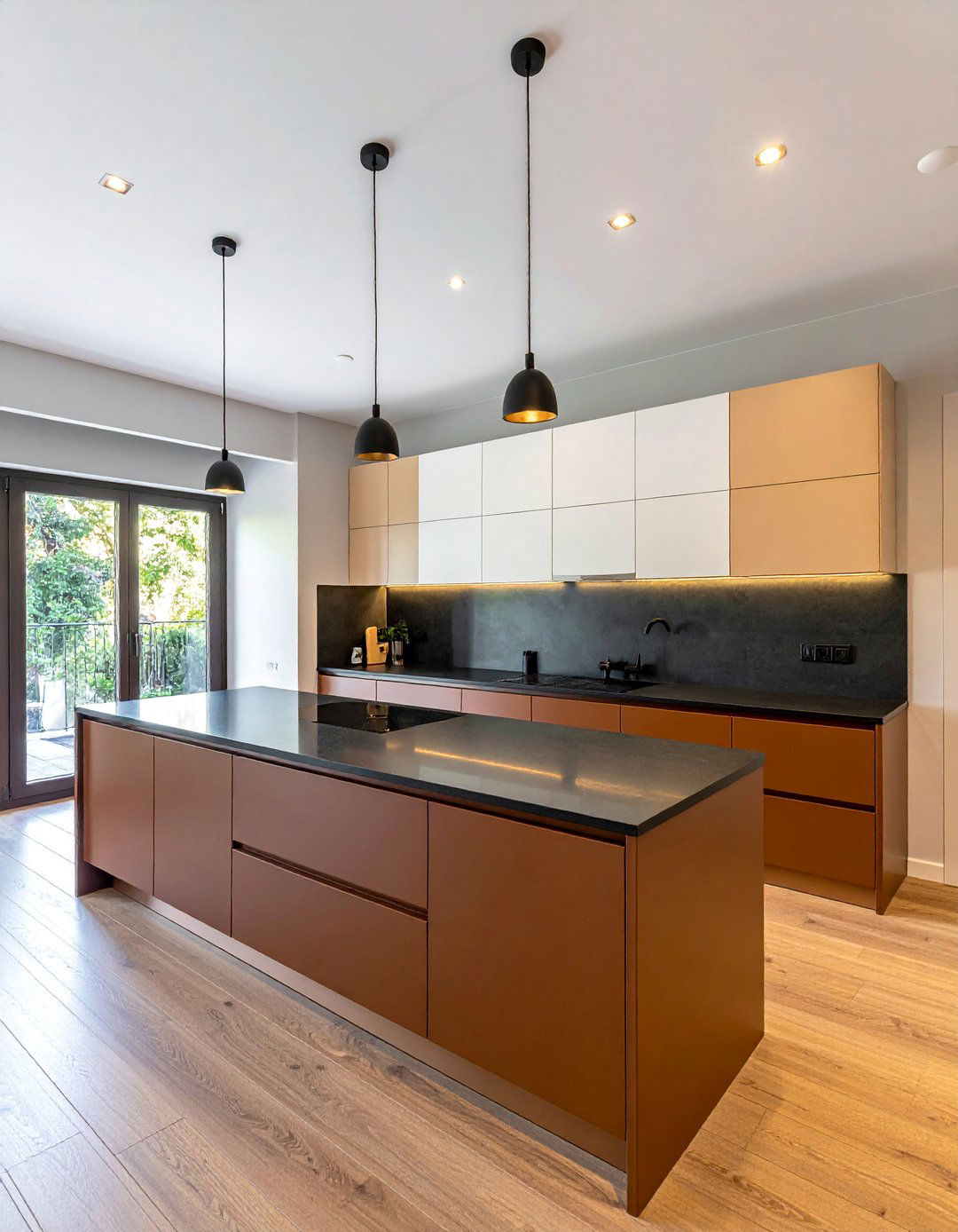 Two Tone Kitchen with Brown Lower and White Upper Cabinets and Black Countertops