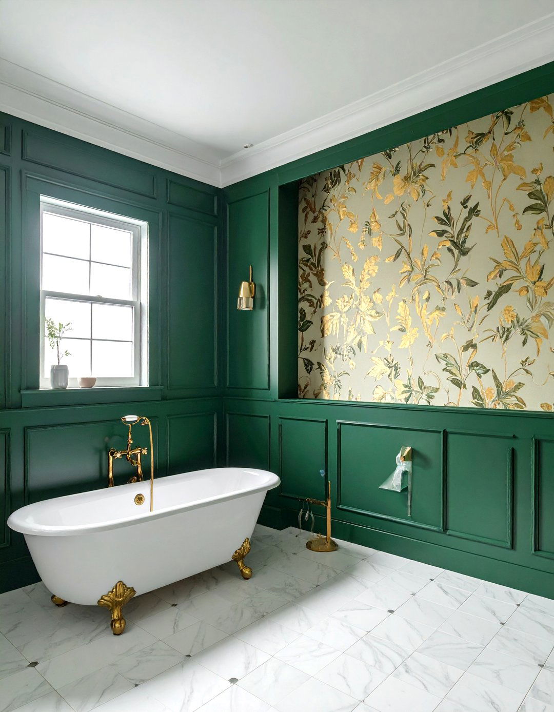 Two Tone Walls Green Wainscoting and Gold Patterned Upper Wall - 20 Green and Gold Bathroom Ideas for a Luxurious Feel