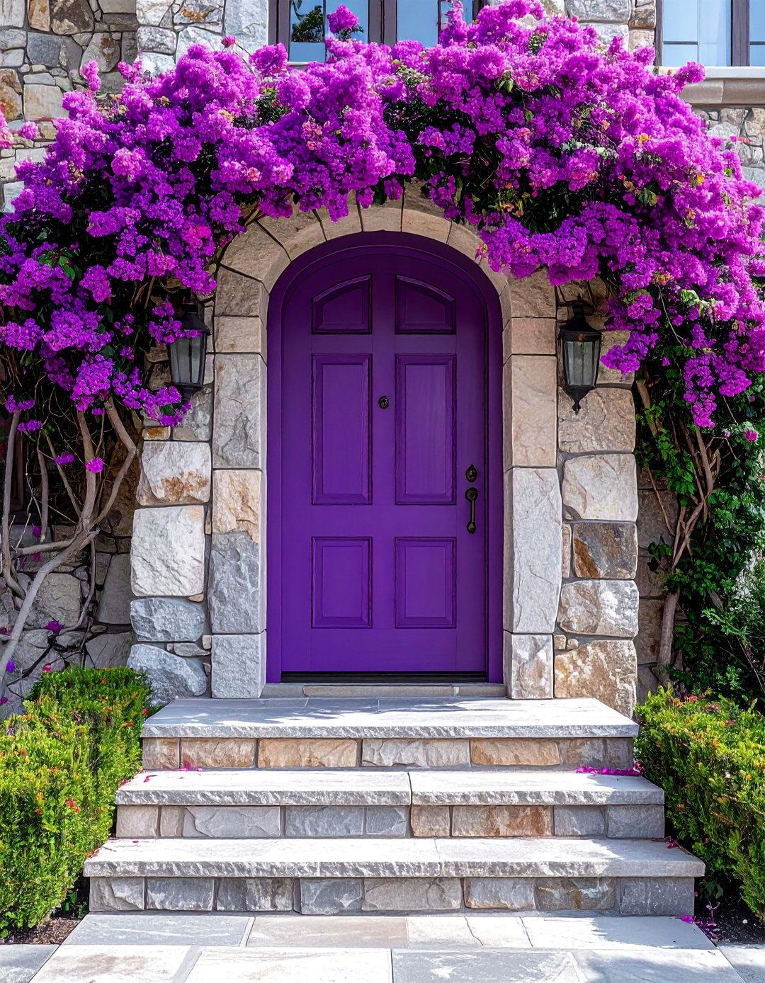 Tyrian Purple Front Door with Stone Surround - 20 Purple Front Door Ideas for a Bold Entrance