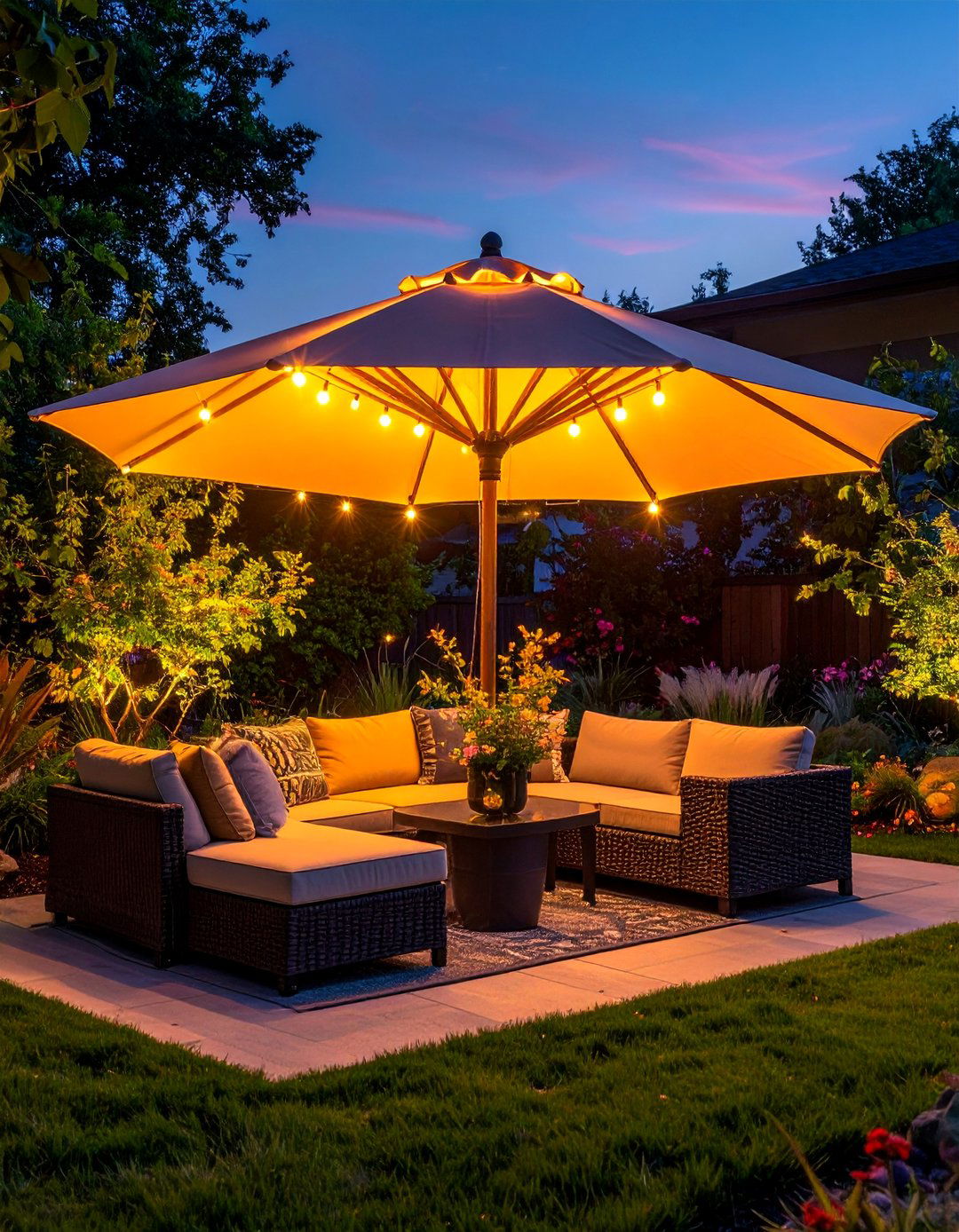 Umbrella Pole Accent Lighting - 40 Patio String Light Ideas to Illuminate Your Nights