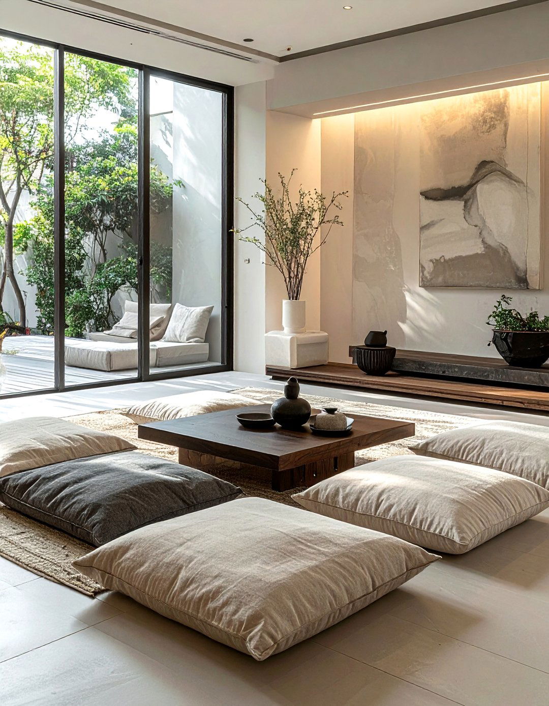 Use Floor Cushions for Grounded Seating - 30 Zen Living Room Ideas for a Peaceful Ambiance