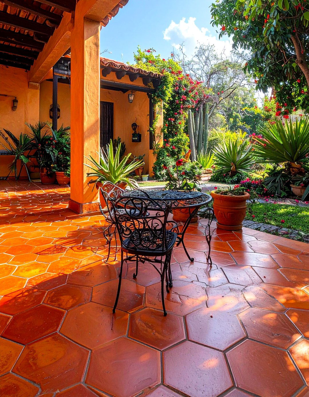 Using Saltillo Tile Flooring in a Mexican Garden - 25 Mexican Garden Ideas for a Vibrant Outdoor Space