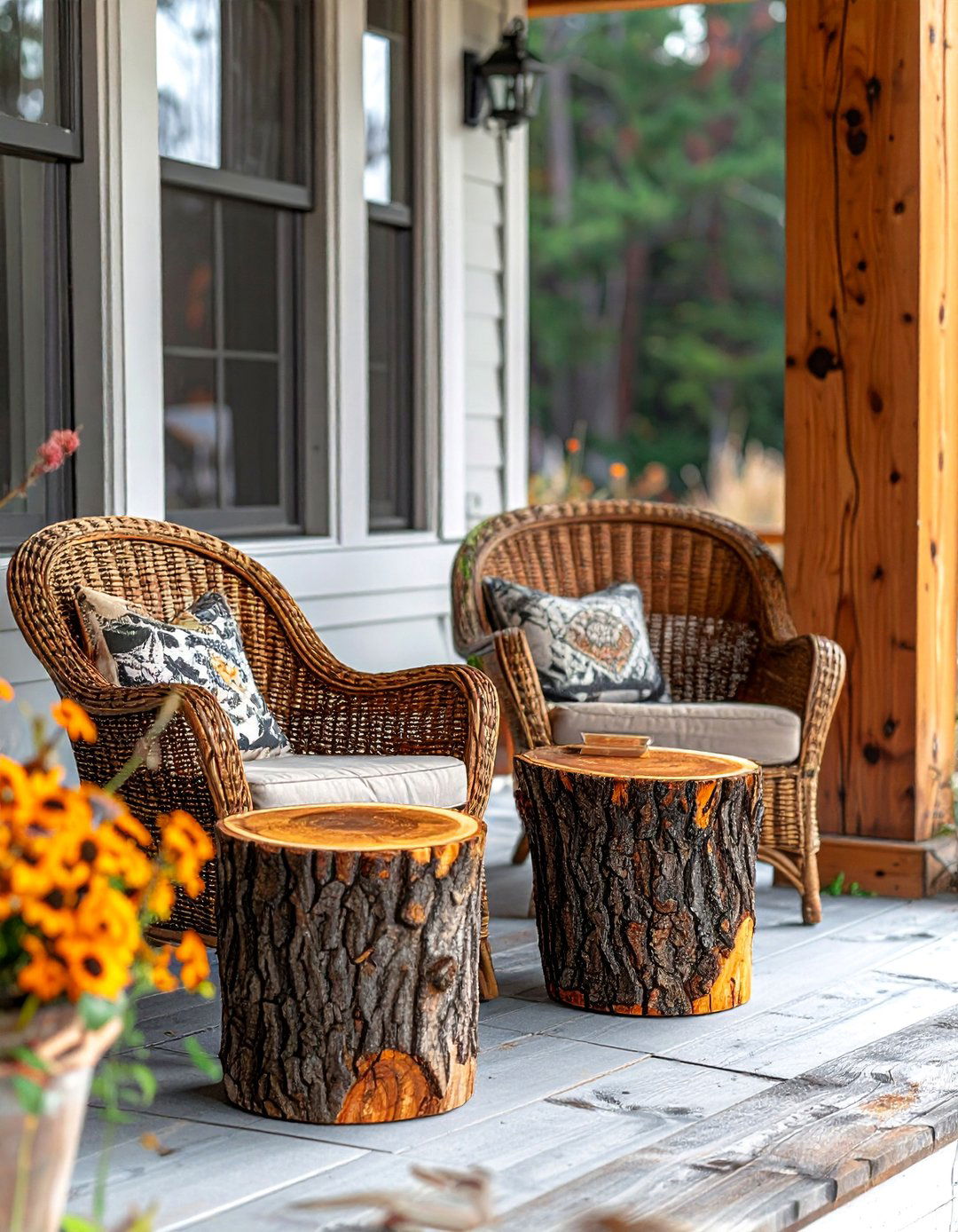 Using Tree Stumps as Rustic Front Porch Side Tables - 25 Rustic Front Porch Ideas for a Welcoming Entryway