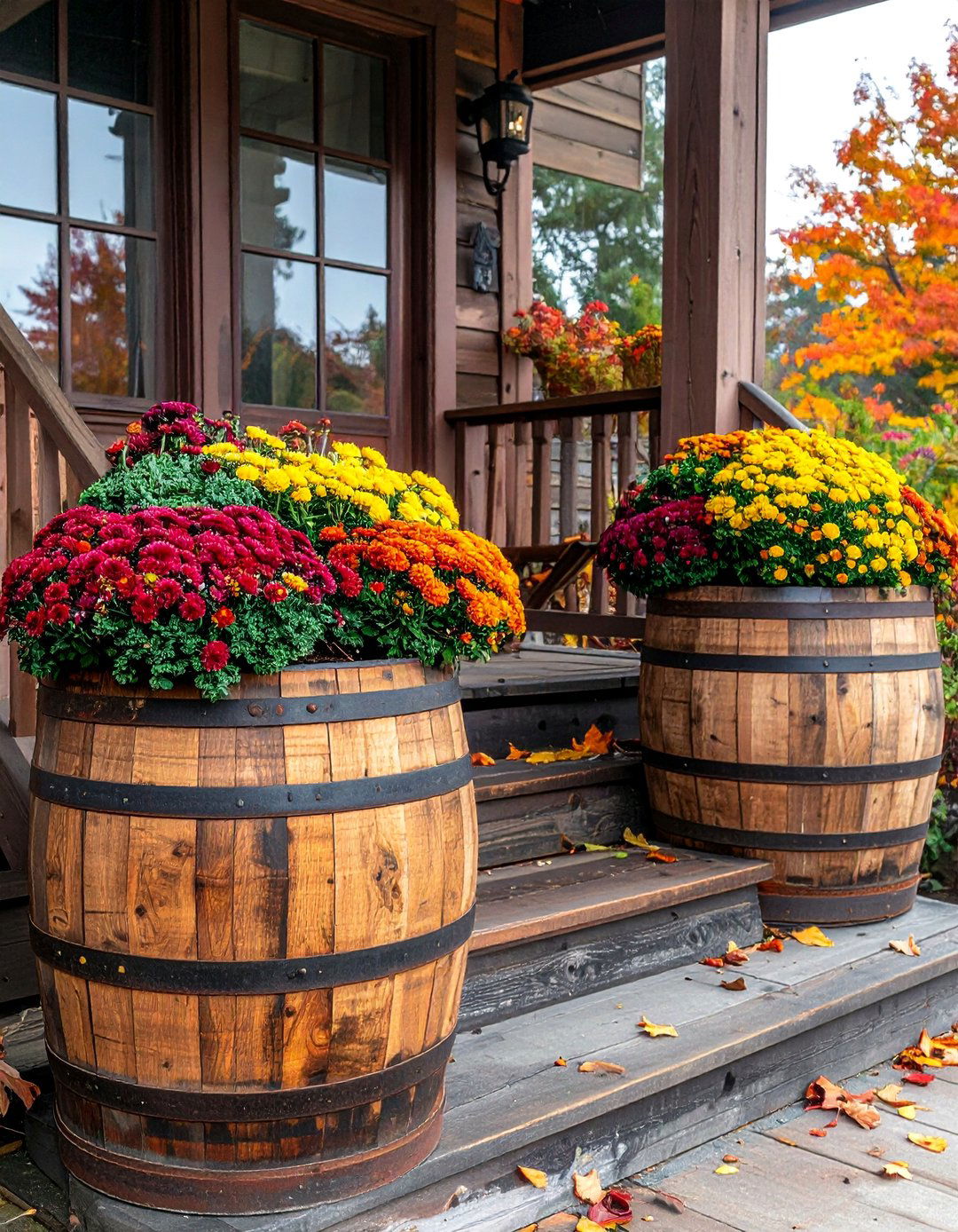 Using Whiskey Barrel Planters on a Rustic Front Porch - 25 Rustic Front Porch Ideas for a Welcoming Entryway