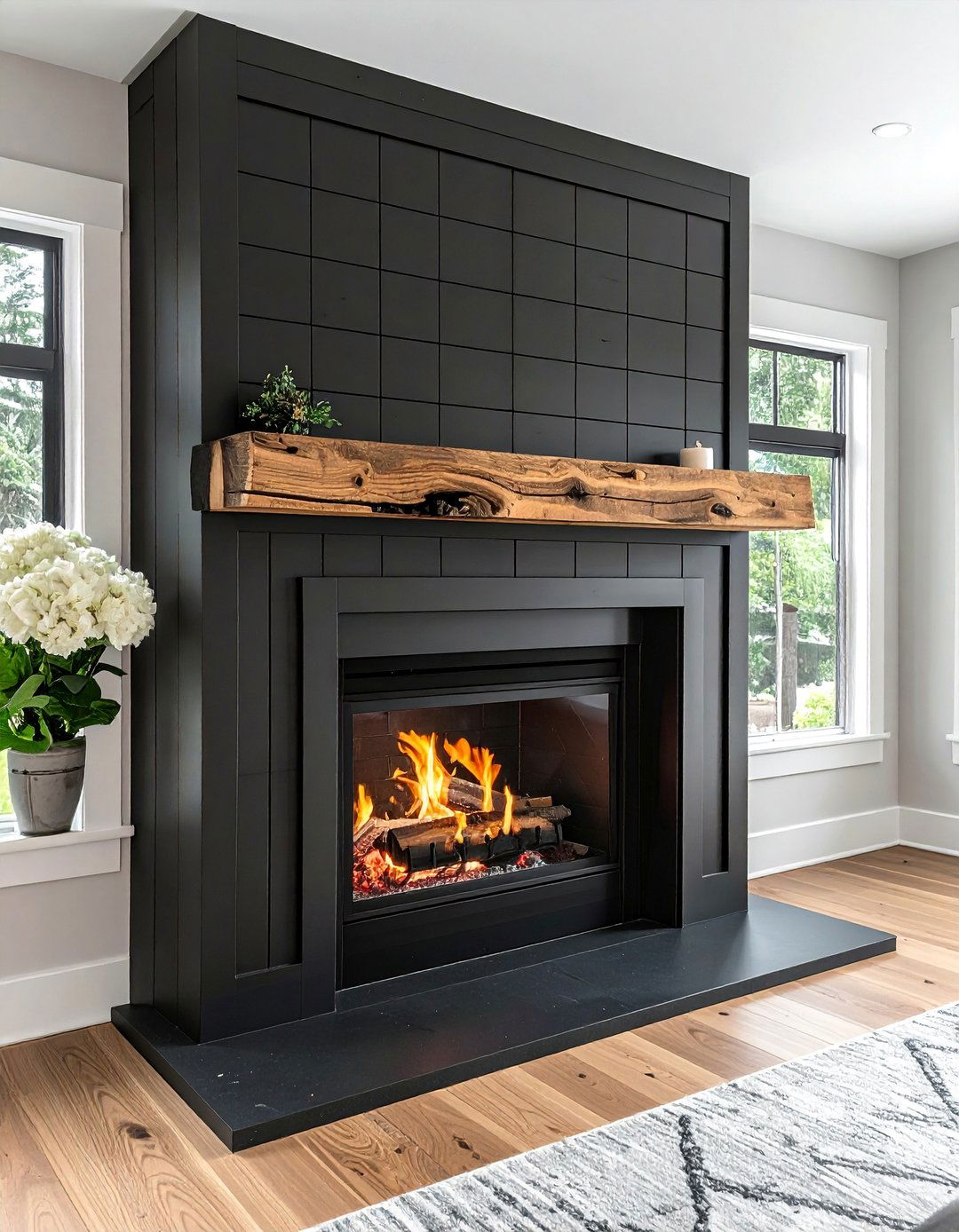 Vertical Black Shiplap Fireplace with a Chunky Reclaimed Wood Mantel - 40 Black Shiplap Fireplace Ideas for a Bold and Cozy Focal Point