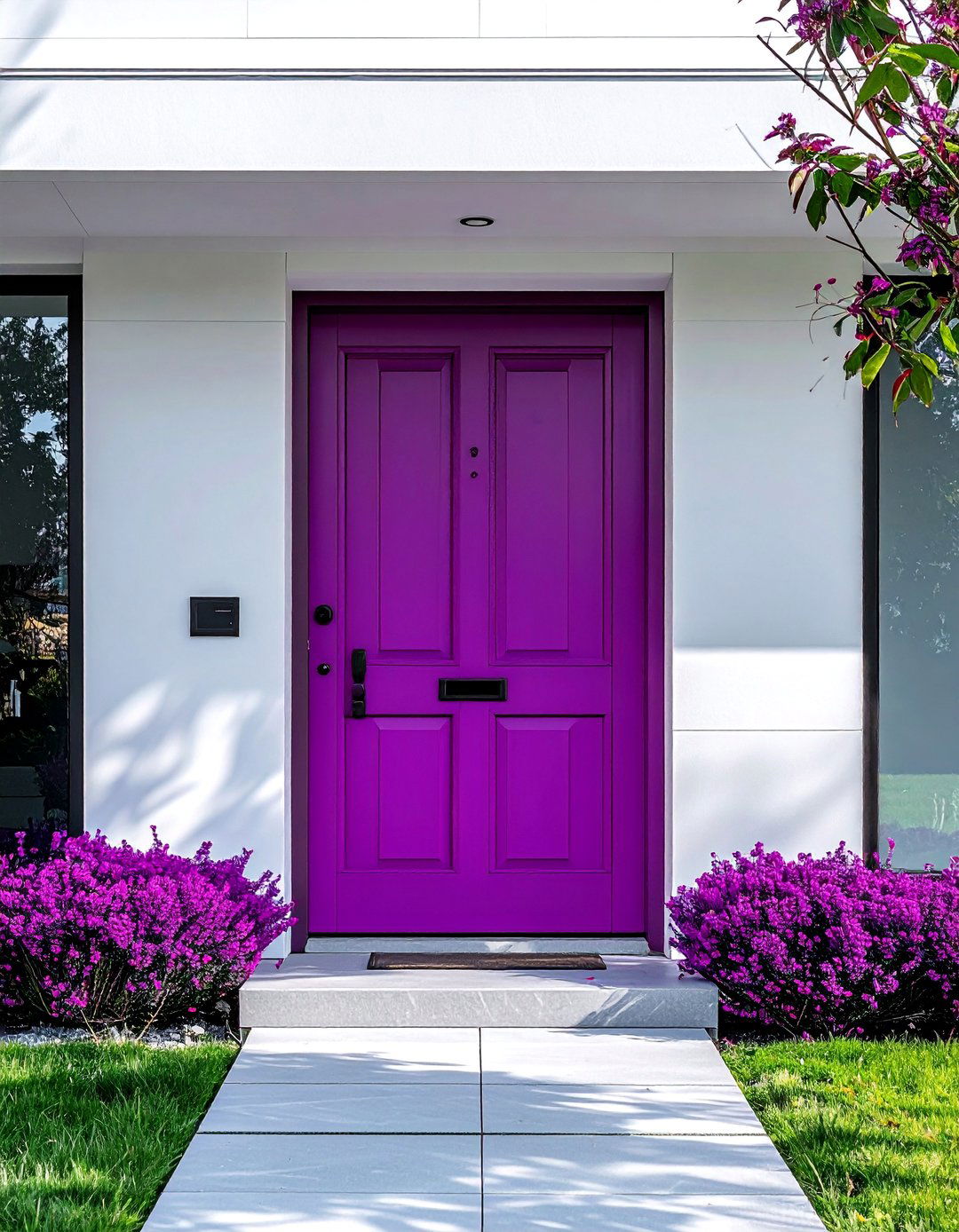 Vibrant Magenta Purple Front Door on a White House - 20 Purple Front Door Ideas for a Bold Entrance